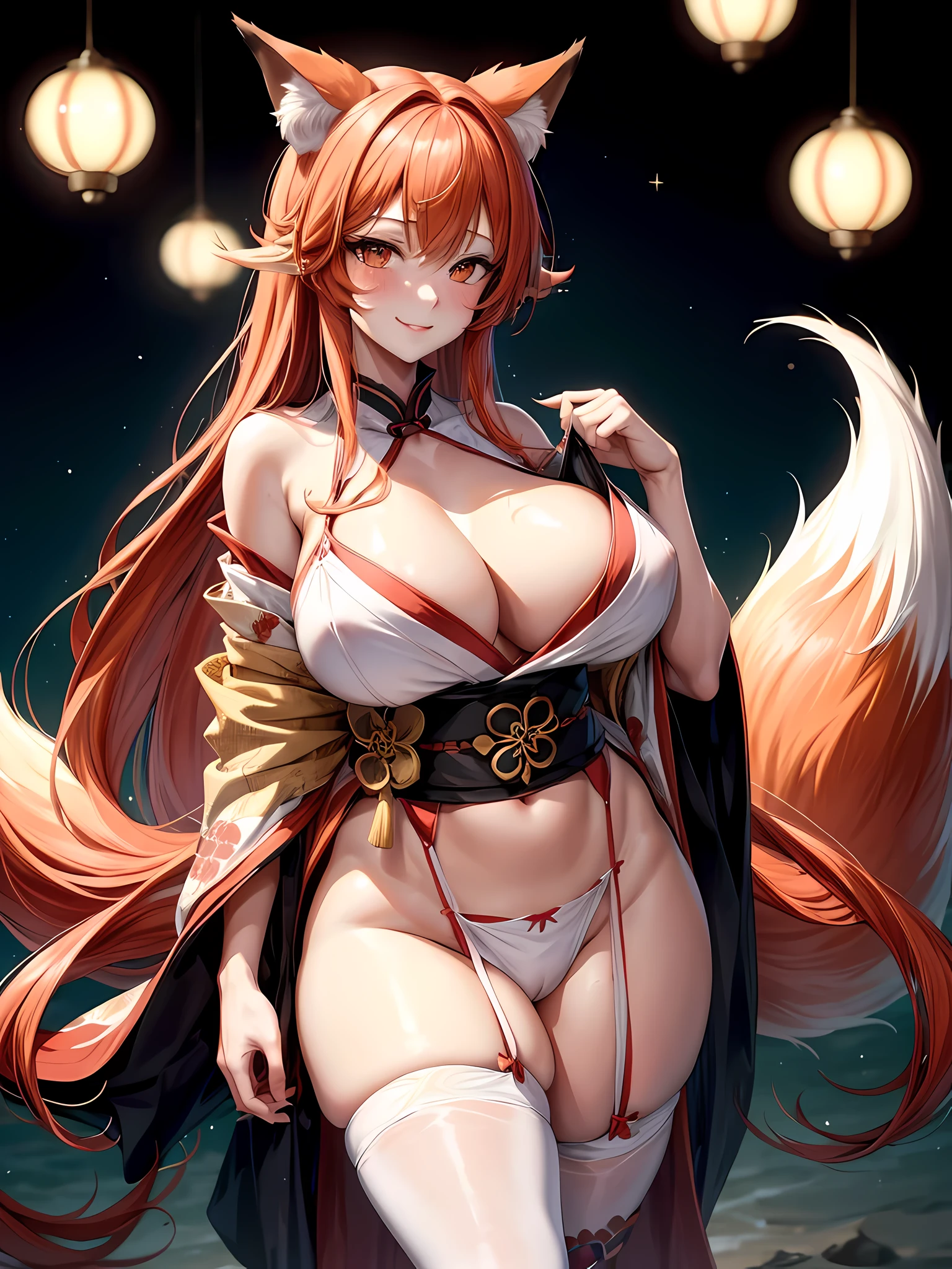 1 girl, long ginger hair, fox ears, only fox ears, crimson eyes, extremly detailed, blushing, (face perfect:1.1), (high detal:1.1), top-quality, huge breasts, sexy and seductive, wearing red and white erotic kimono kimono, tall women, long flufy nine fox tails, multiple tails, thicc thighs, wide hips, smile, horny, absurdes, high res, ultra sharp, 8k, masterpiece, looking at viewer