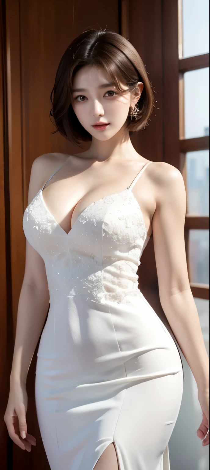 (best quality, 8k, masterpiece, ultra high definition: 1.3), (kpop idol: 1.3), 1 , (: 1.2), (short hair), Perfect body, beautifully, beautiful eyes, double eyelids, Hands are super thin, ((Korean wedding dress)),开衫elegant , detailed , elegant , luxury hotel five stars,,