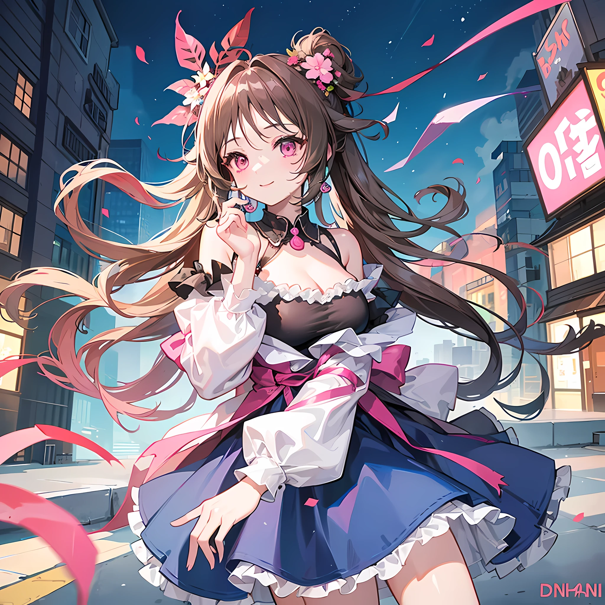 (8K、Highest image quality、highest quality、masterpiece)、detailed face、1 girl、brown hair、hime cut、long hair、pink eyes、smile、earrings、((big breasts))、pink ruffled clothes、purple mini skirt、jirai kei、cowboy shot、Downtown background at night
