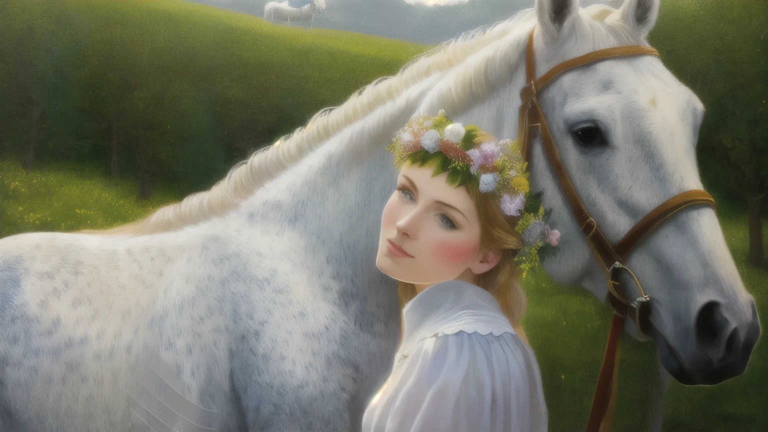 A woman with a flower crown on her head stands next to a white horse., BoJack Rider in real life, hrushevka on background, based on Arthur Hughes, In the style of Hans Thom, Horse in the background, horse-driven, inspired by William-Adolphe Bouguereau, based on Joachim Patinir, on horses