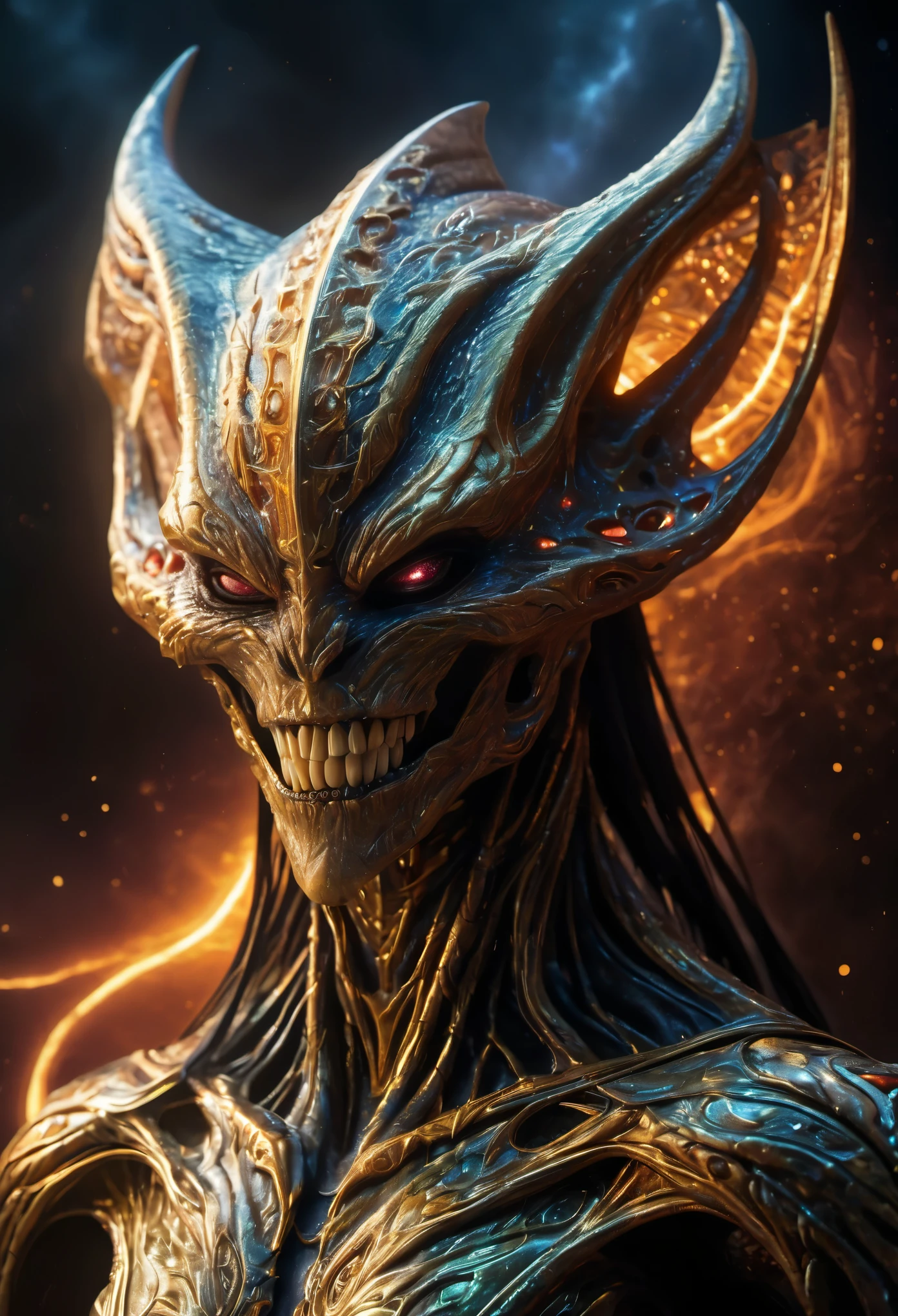 (High resolution,realistic,sharp focus),Humanoid alien creature with a vertically split face forming a mouth shape,beautiful predatory creature There is similar to a woman,Alien/monster hybrid,scary hunter,[cosmic,extraterrestrial] There is,organic matter,otherworldly predator,beyond life,length,flowing hair,earrings,shineing eyes,intense sight,[elegant,graceful],enchanting facial features,[sharp,pointed,elengthated] teeth,[toxic,toxic] tooth,intense,enchanting smile,Smooth yet muscular body,[curve,shape] There is similar to a woman,[graceful,Towering] before,Alien skin texture resembling iridescent scales,[ethereal,luminescent] shine,[Evil,Unlucky] aura,Slurping,bipedal walking,[tranquility,predatory] enchanting footsteps,hypnotic] dance,[spooky,Unforgettable] grace,contrasting colors,[darkness,Shadow] hug a living thing,dystopian background scenery,[cosmic,Milky Way] background,Unlucky celestial bodies,pulsating clouds,[extraterrestrial,surreal] vegetation,rays of ethereal light [filtering,caress] scene,dramatic chiaroscuro lighting,penetrating the darkness,Create an intimate yet frightening atmosphere.