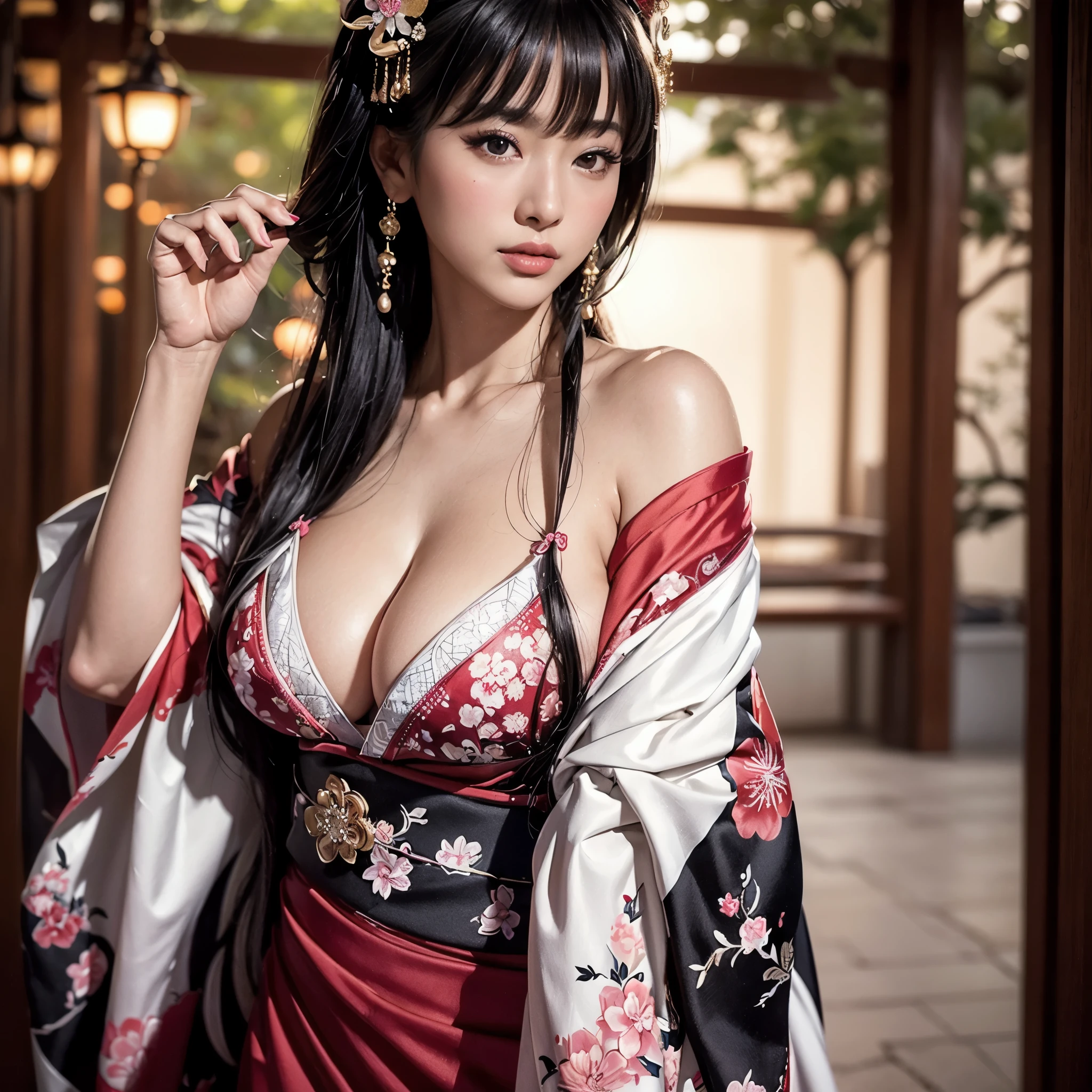 ((hyperrealistic, photorealistic, 8k intricate details)), a hot geisha, with straight black hair with bangs, full lips, full breasts, thick thighs, wearing a white and pink bikini-kimono, is posing on the top of a tree, very beautiful , very hot, very cute, sensual geisha beauty queen.