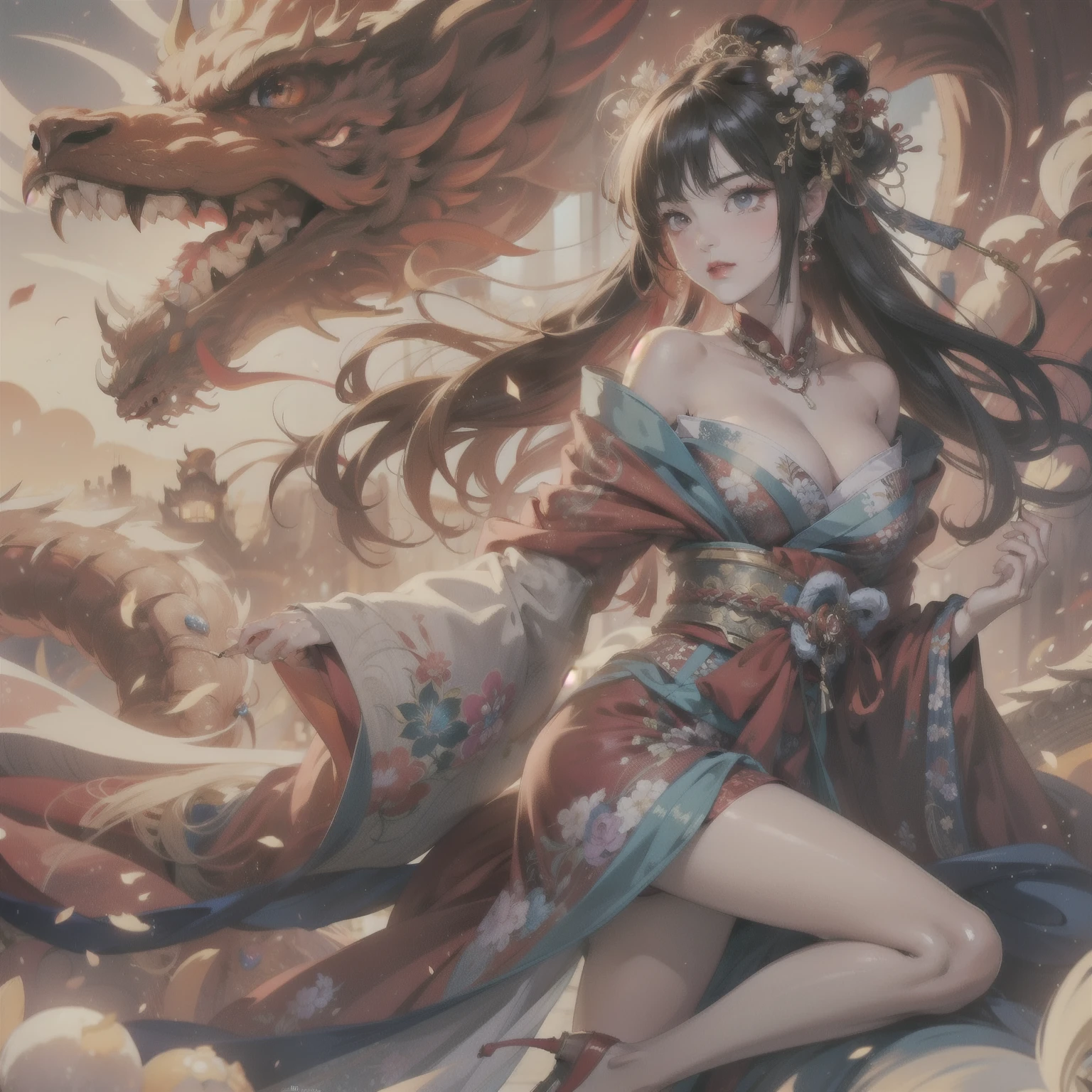 A woman wearing a kimono，There is a dragon on the head, Beautiful charming anime woman, Extremely detailed Artgerm, anime art wallpaper 8k, Beautiful anime woman, anime goddess, Anime fantasy artwork, anime style 4k, japanese goddess, anime art wallpaper 4k, Anime Art Wallpaper 4k, artgerm on artstation pixiv, Beautiful anime artwork