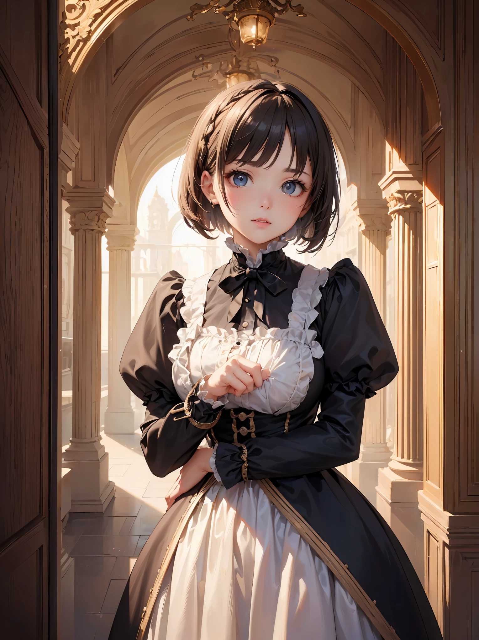 (highest quality、16K、masterpiece、ultra high resolution、Victorian era、Photoreal:1.2)、cowboy shot、One length bob cut braided hair clip with front drop、brand uniform cute、clear、 Tsundere、heroine attributes