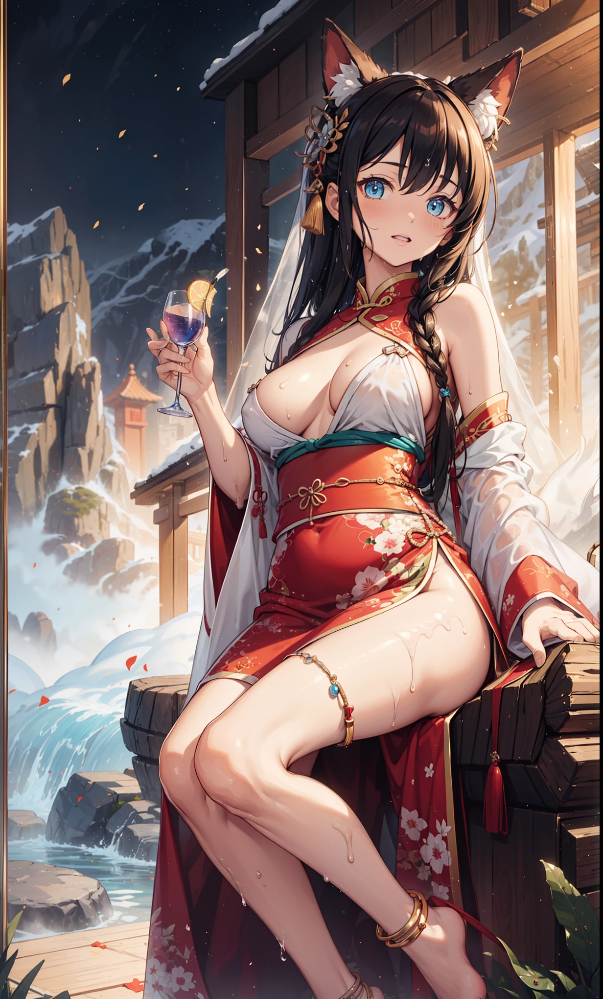 top quality，best resolution，(Drenched white long cheongsam），super detailed, White double ponytail，girl，charm，Design intricate clothes，blue eyes，Distant forest and mountain scenery，，((Wet people，The background is a hot spring in ancient China))(leg rings，Anklet，night，fantasy scene，Glamorous pose