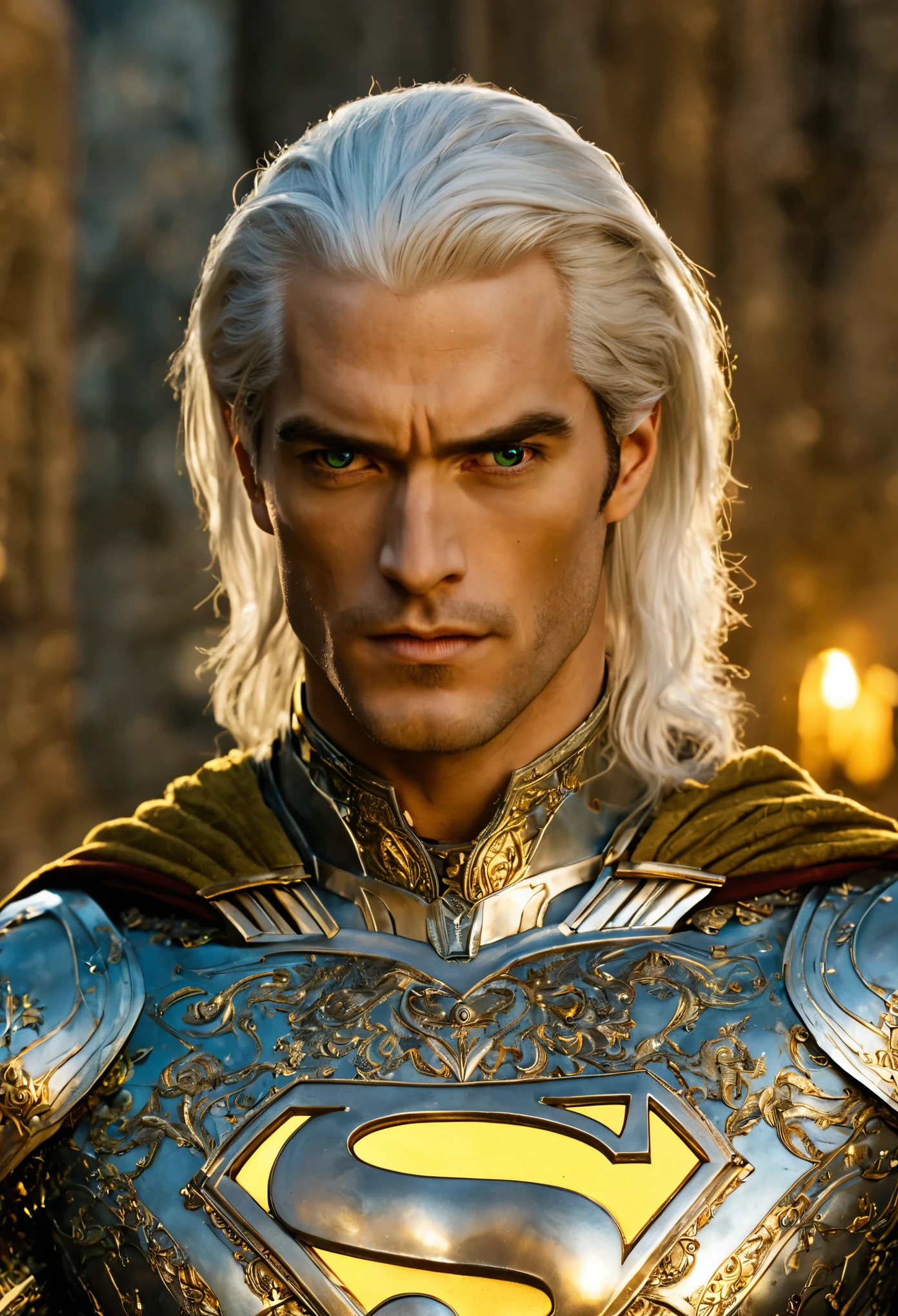 Superman with green pupils, long bluish white hair, confident expression, wearing beautiful silver armor with golden patterns all over the armor, exuding a dark yellow glow, In the background, a medieval castle