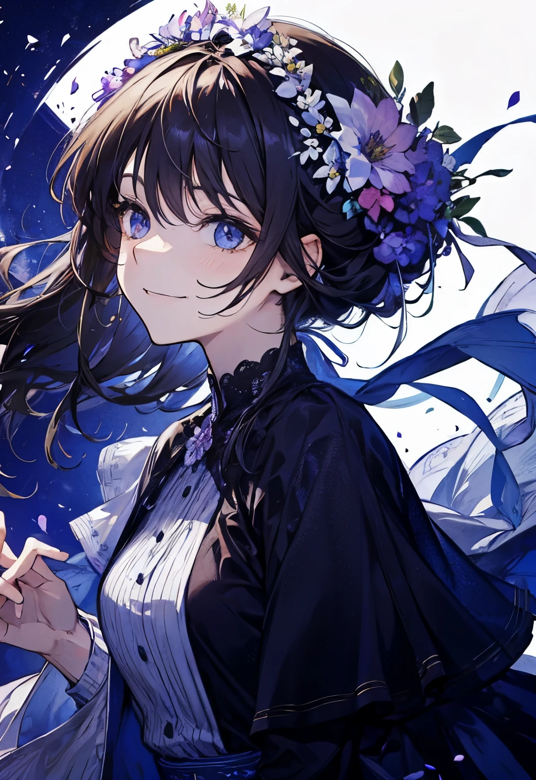 "Facing forward and smiling, lots of flowers."