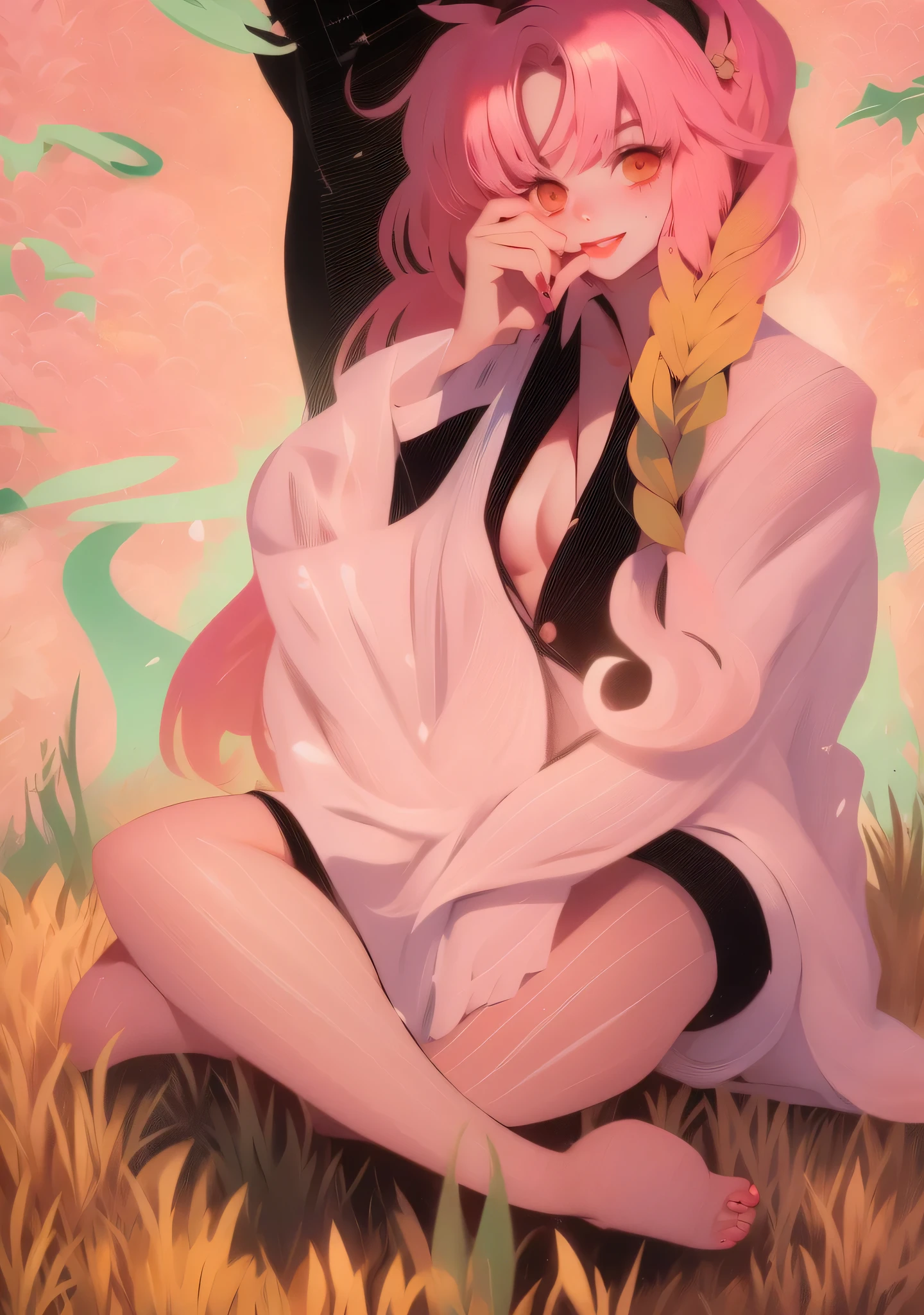 anime girl sitting in grass with umbrella in hand, haruno sakura, sakura petals around her, inspired by Nishikawa Sukenobu, demon slayer rui fanart, sakura haruno in slug sage mode, flowing hair and long robes, the non-binary deity of spring, flowing sakura-colored silk, sakura haruno, draped in pink and green robeasterpiece)),((quality)),((Best quality)),((official art))
