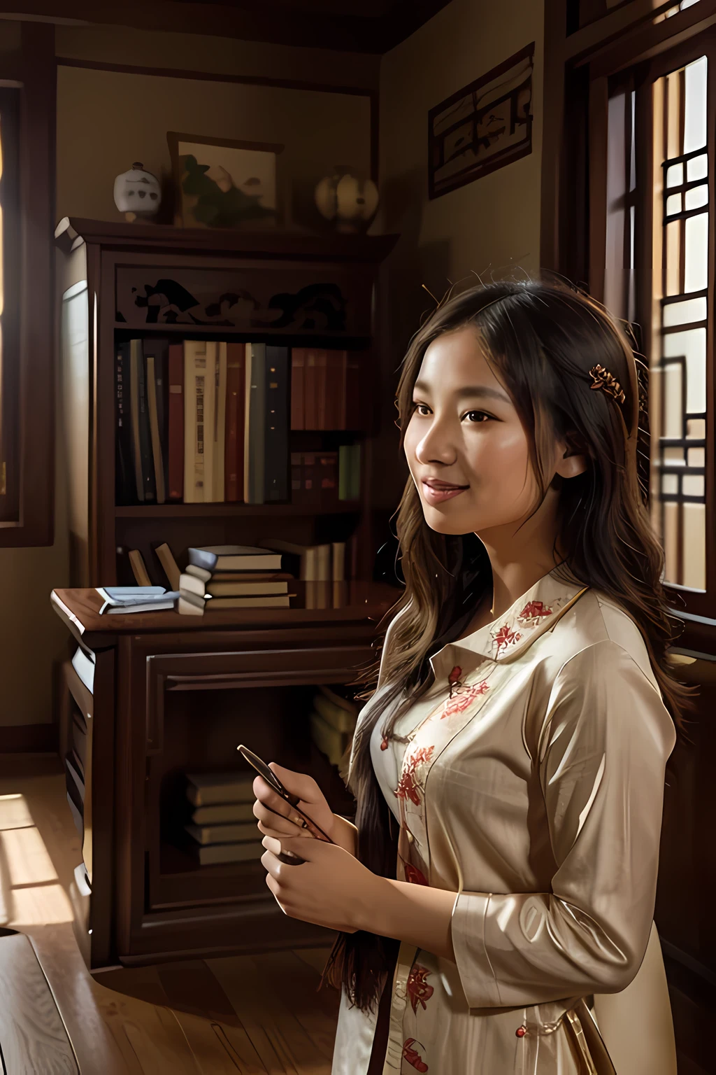 Moderate,Pen illustration,Aesthetic composition,delicate brushstrokes,warm color palette,soft light,peaceful atmosphere,Bookshelf filled with ancient scrolls,There are traditional Chinese calligraphy on the wall,Students listen carefully,Traditional Chinese furniture and decorations,The teacher’s clothes have exquisite embroidery,Subtle textures on walls and floors,Soft shadows create depth and dimension,Deep red silk curtains frame the scene,The confident expression on the teacher's face,The air is filled with a faint scent of incense,The breeze rustled the leaves outside the college window,Delicate wood carvings showcase traditional patterns,Students' smiling faces reflect their enthusiasm and admiration.