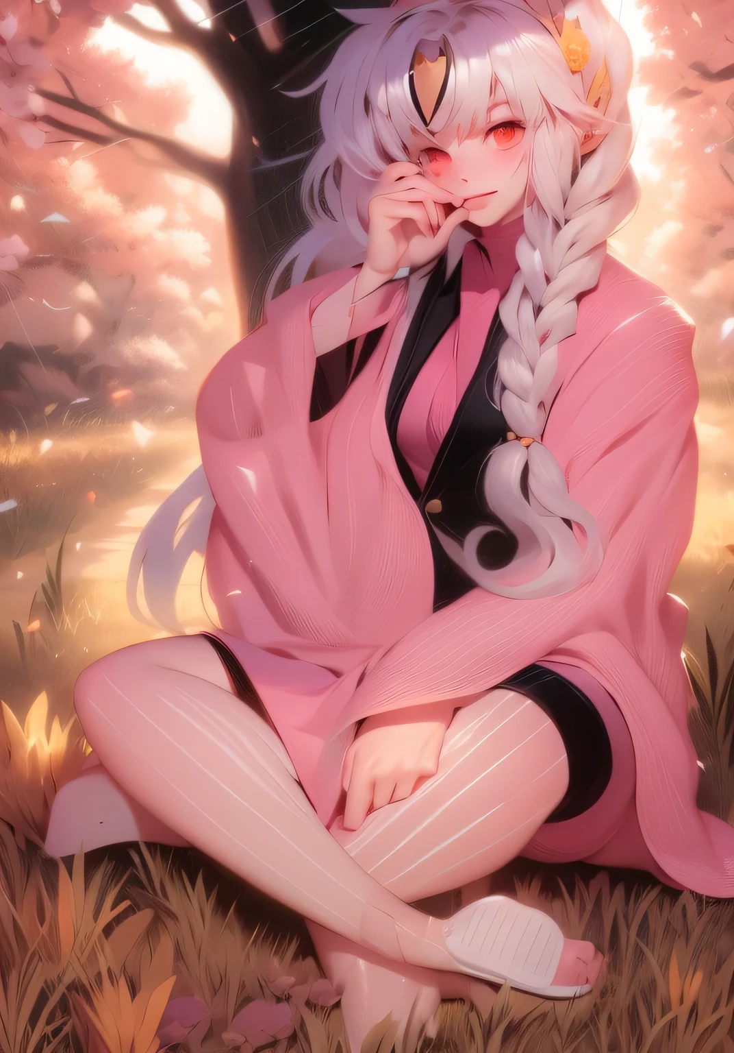 anime girl sitting in grass with umbrella in hand, haruno sakura, sakura petals around her, inspired by Nishikawa Sukenobu, demon slayer rui fanart, sakura haruno in slug sage mode, flowing hair and long robes, the non-binary deity of spring, flowing sakura-colored silk, sakura haruno, draped in pink and green robeasterpiece)),((quality)),((Best quality)),((official art))