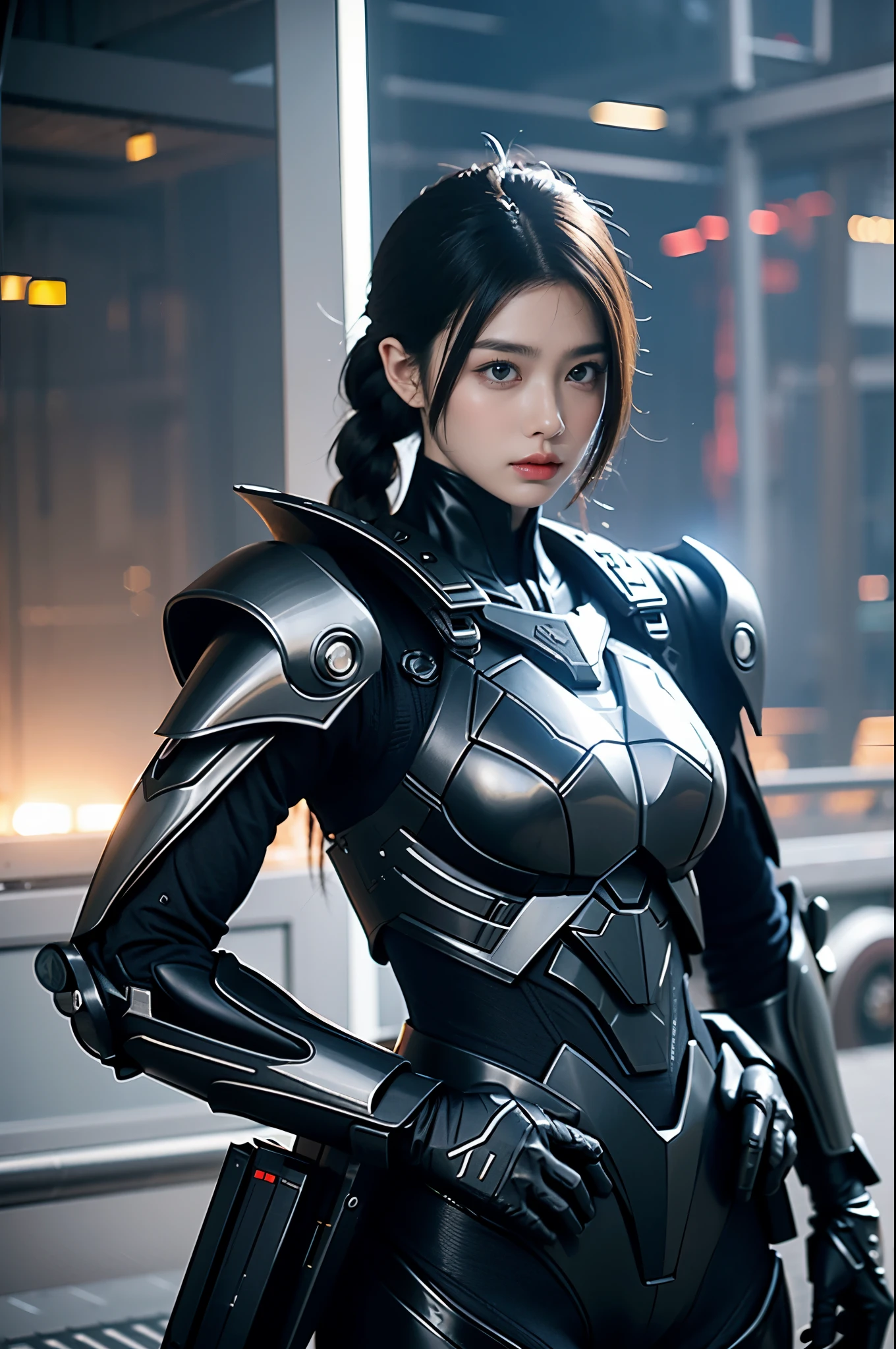 game art，best picture quality，Highest resolution，8k，((A half-length photo))，((portrait))，(rule of thirds)，Unreal Engine 5 rendering works， (Future girl)，(female warrior)， 22-year-old young hacker)，(ancient oriental hairstyle)，(Beautiful eyes full of details)，(big breasts)，(eye shadow)，Elegant and charming，indifferent，((frown))，(Combat suit full of futuristic technology，The costume combines futuristic power armor and，Clothing is decorated with glittering patterns and emblems)，cyberpunk characters，in the style of futuristic， photo poses，city background，lamp，Ray tracing，Game CG，((3D Unreal Engine))，OC rendering reflection pattern