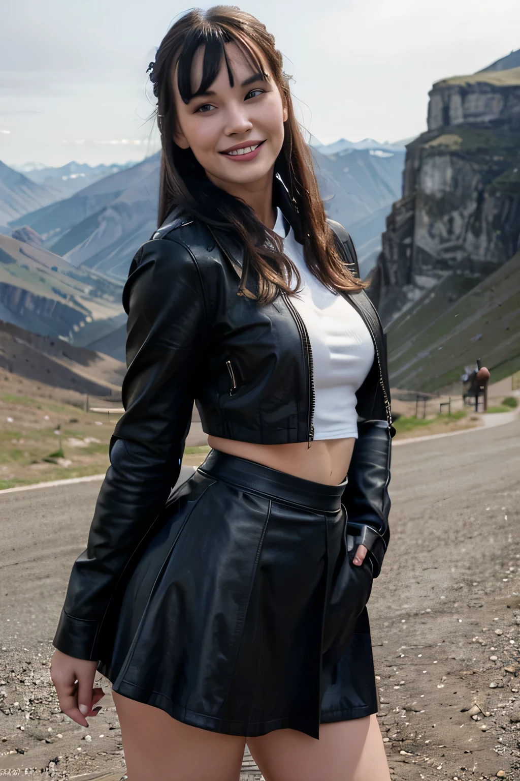 Sweaty sensual smiling betty page looking girl with and blue eyes and black leather coat and a skirt on the endge of a montain and the photo is taken from up front