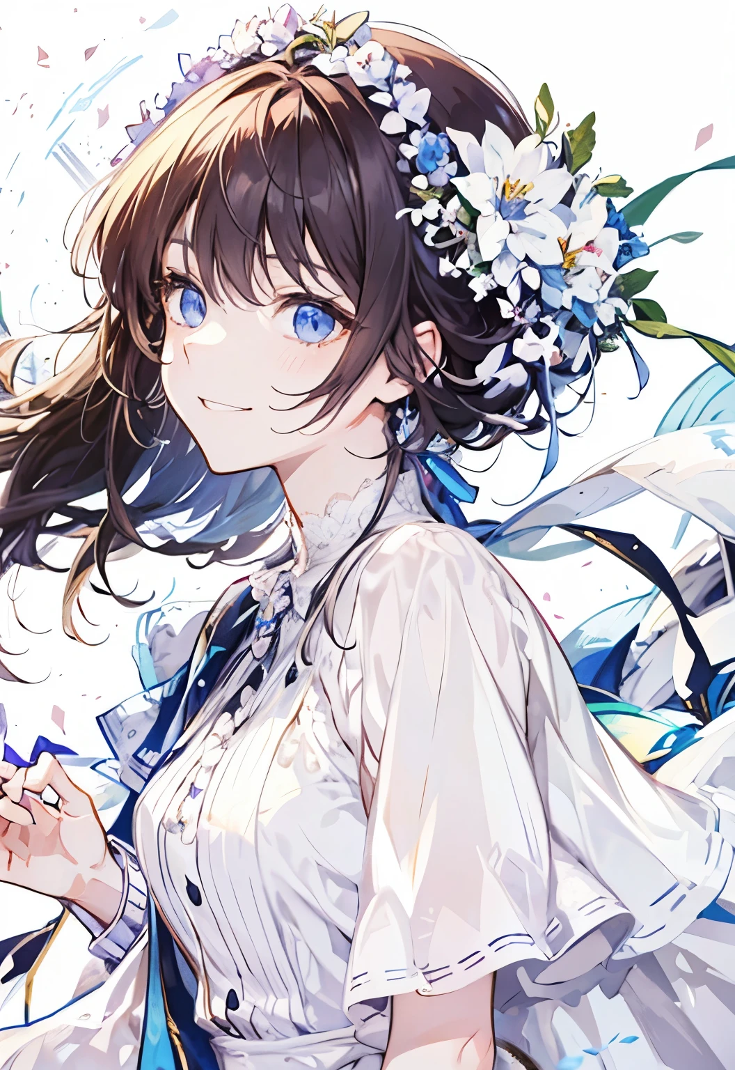 "Facing forward, tilting the head slightly, smiling directly, wearing a white dress with plenty of frills, surrounded by lots of flowers, all white and bright."