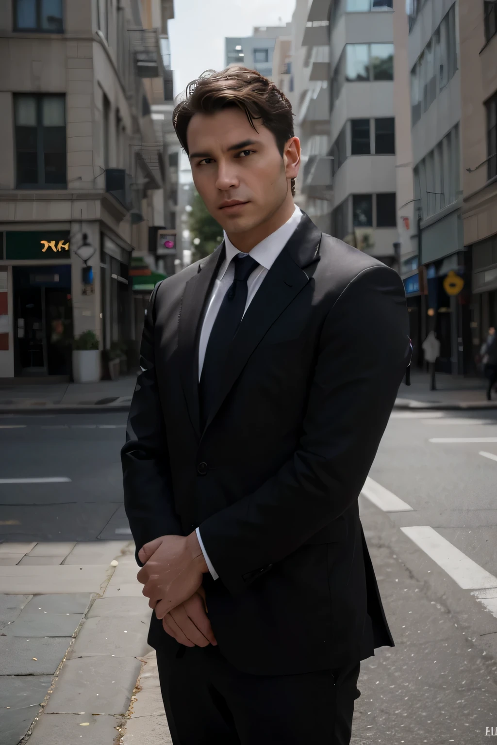 "A man stands confidently in a classic suit and tie, presenting himself with 23 years of poise and refinement. His body and head are perfectly aligned in the photograph, captured with a DSLR camera. Facing directly towards the viewer, his eyes are fixed on the lens, emanating a sense of determination and focus. The image showcases his shoulders and head, with the man centered prominently. Rendered in stunning 8k resolution, this photograph is a masterpiece of realism, capturing every intricate detail flawlessly. It evokes the ambiance of a cinematic scene, with ultra-realistic quality and impeccable lighting. The composition features only one person, portrayed with meticulous attention to detail. Additionally, the man is depicted engaged in conversation, speaking on a black telephone, adding an additional layer of depth to the scene."






