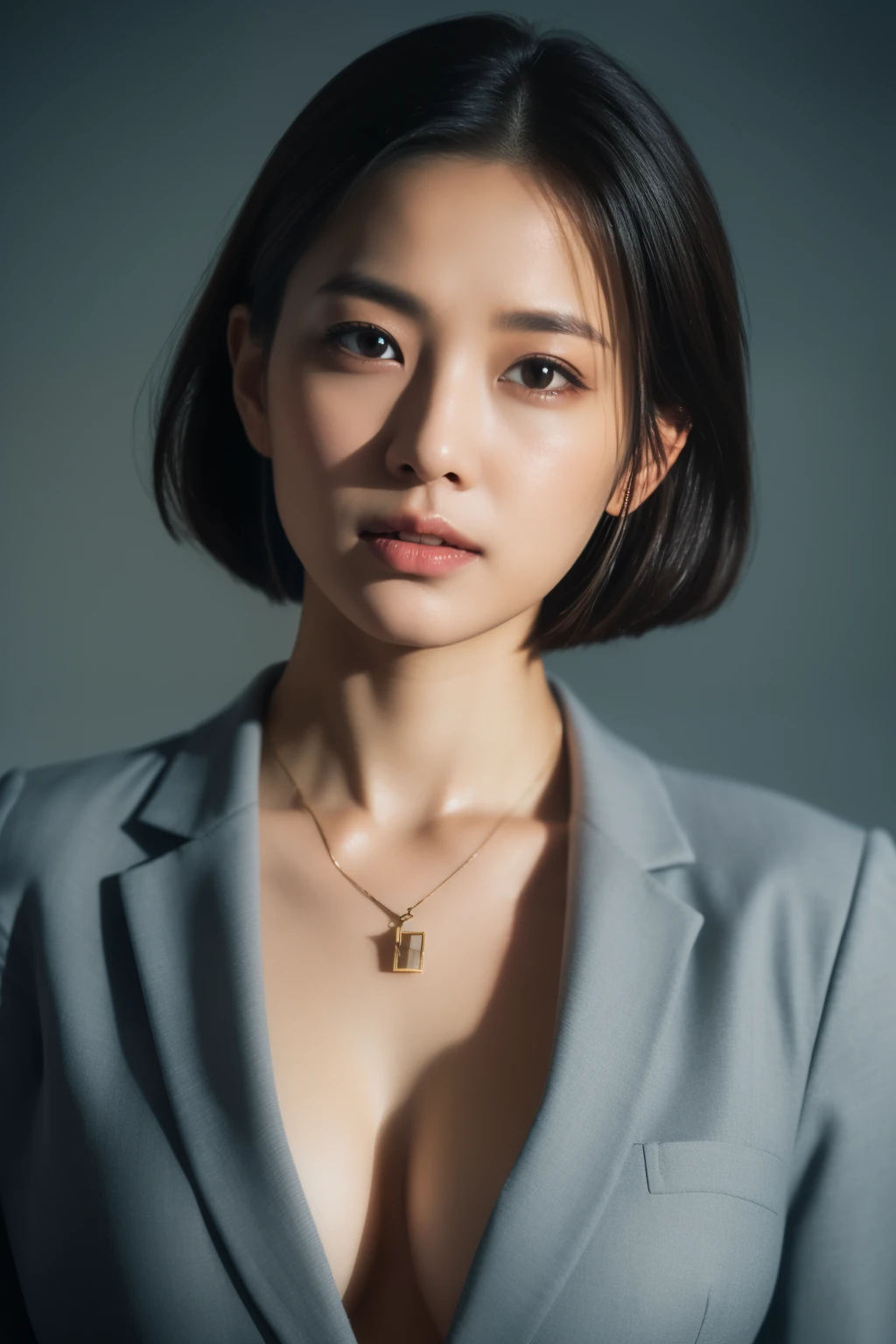 asian lady wear blazer,  necklace, small ??????, rounded shape ??????,  ((she)), ((mid-shot, full body, slender waist)), Hair Up Do、 Glowing eyes, nose blush, Carl Larsson, Alfonse Mucha, Chiaroscuro, Film Glenn, reflective light, (((mid-Shot))), waist to top,longshot show full body, masterpiece, high details, gray background, studio light 