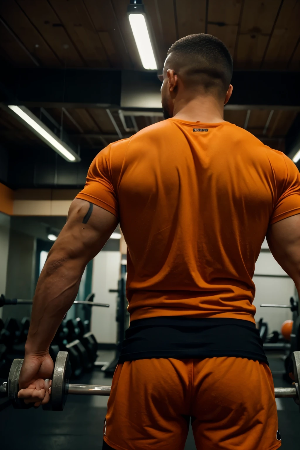 a strong man is inside a weight training gym. has his back to the camera. He's wearing an orange T-shirt. your head is turned to the left. ambiente pouco iluminado. poucas luzes contornando a silhueta dele.