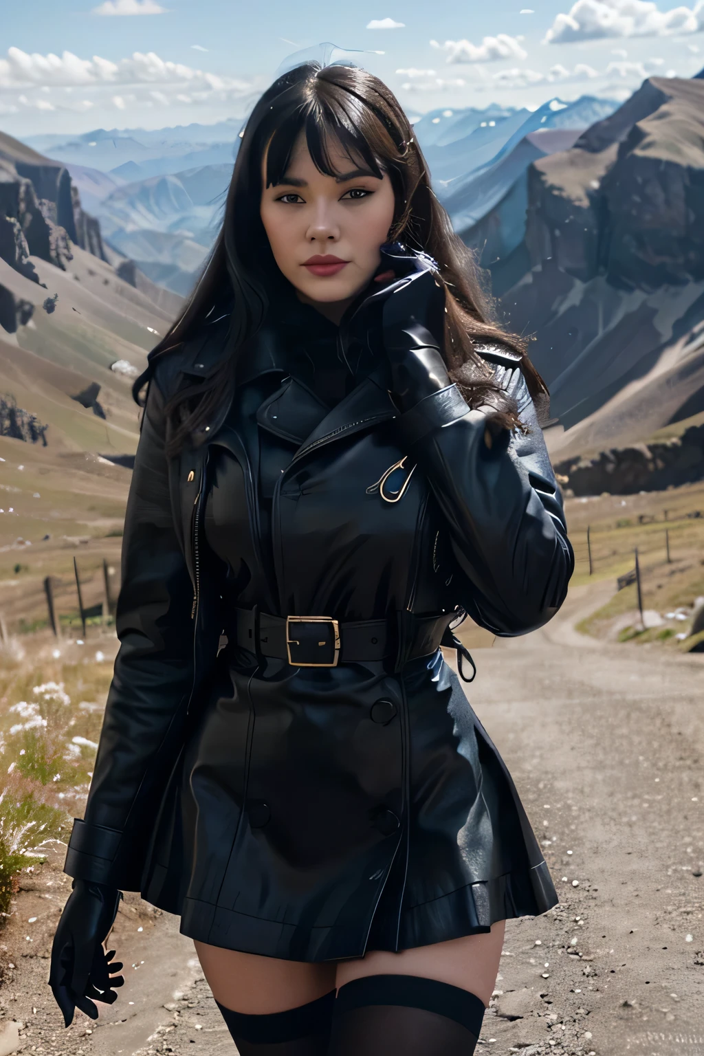 Sweaty sensual smiling with a woman betty page looking girl with and blue eyes and black leather coat soft black gloves and a skirt on the endge of a montain and the photo is taken from up front 