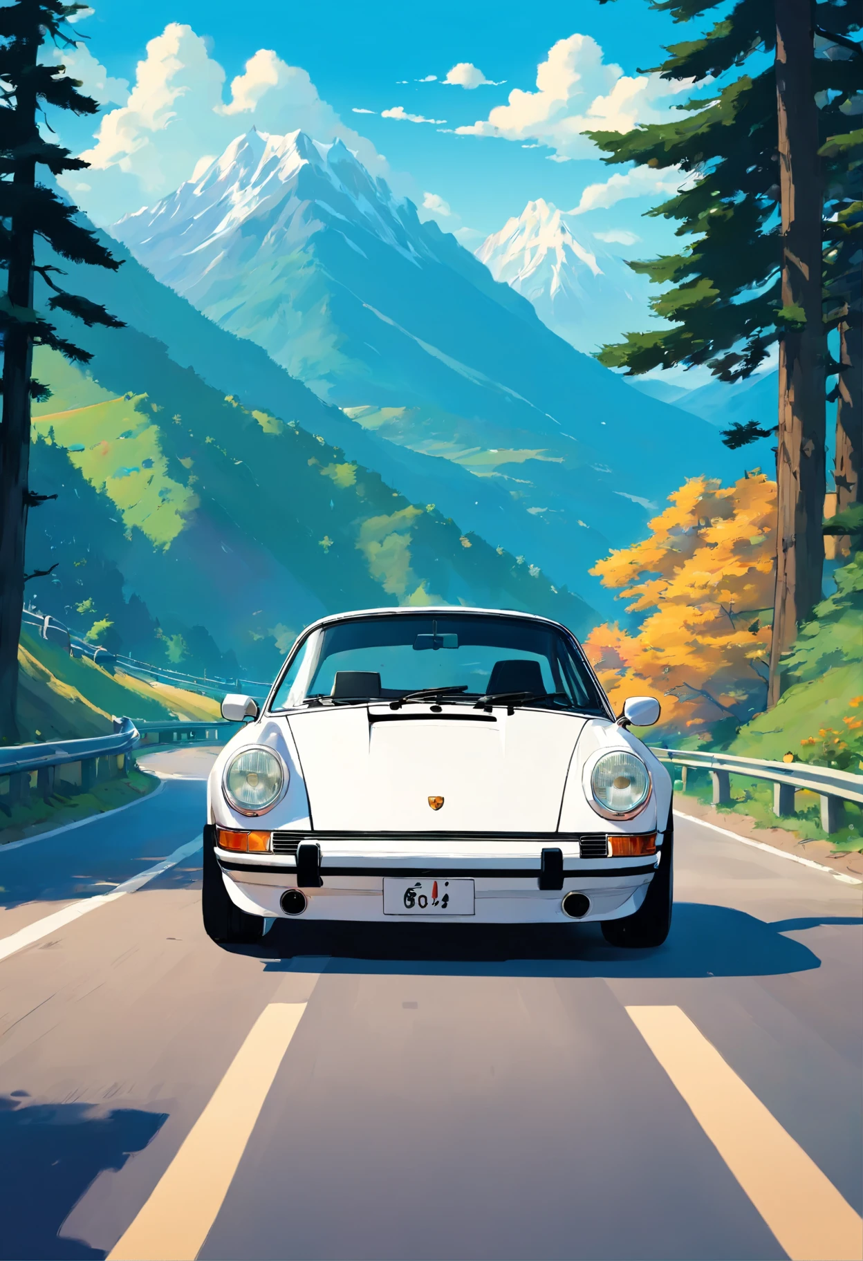 une Porsche 911 Carrera blanc grand prix, spoiler noir avant, 1986, parchoc noir, arriere nu, dark blue leather interior, Conduire sur la route près des montagnes suisses, dans un style d'Digital illustration, stunning art style, Digital illustration stylisée, Detailed digital illustration, digital cartoon painting art, Art style rétro, detailed vector art, retro illustration, --avec 9:16
