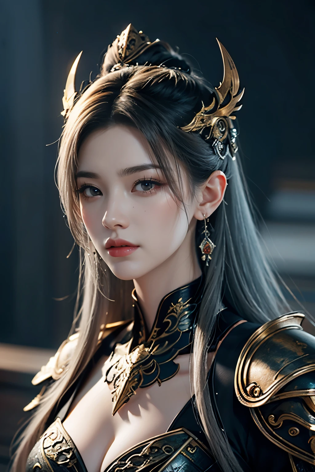 Masterpiece,Game art,The best picture quality,Highest resolution,8K,(Portrait),Unreal Engine 5 rendering works,(Digital Photography),((Portrait Feature:1.5)),
20 year old girl,Short hair details,With long bangs,(The red eye makeup is very meticulous),(With long gray hair:1.4),(Large, full breasts),Elegant and noble,Brave and charming,
(Future armor combined with the characteristics of ancient Chinese armor,Hollow design,Power Armor,The mysterious Eastern runes,A delicate dress pattern,A flash of magic),Warrior of the future,Cyberpunk figures,Background of war,
Movie lights,Ray tracing,Game CG,((3D Unreal Engine)),OC rendering reflection pattern