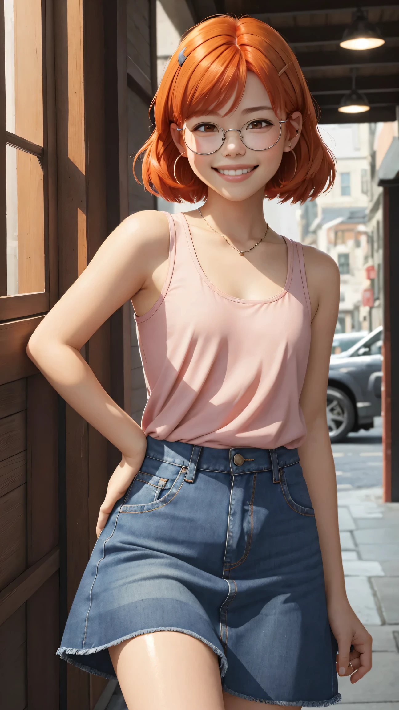 (best quality:1.4),(shiny skin), body focus, (cute face), (((best quality))), illustration, ((Beautiful Finger)), , Beautiful body, Beautiful character design, ,perfect lighting, Colorful, Bright_Front_face_Lighting, ultra high res, highres, absurdres:1.2, bokeh:1.2, lens flare, (vibrant_color:1.2), (Beautiful, small breasts:1.4),
Reddish-orange hair, red hairclip, circular glasses, (brown eyes:1.2), tank top, smile (chubby:1), blue denim skirt, of small stature,