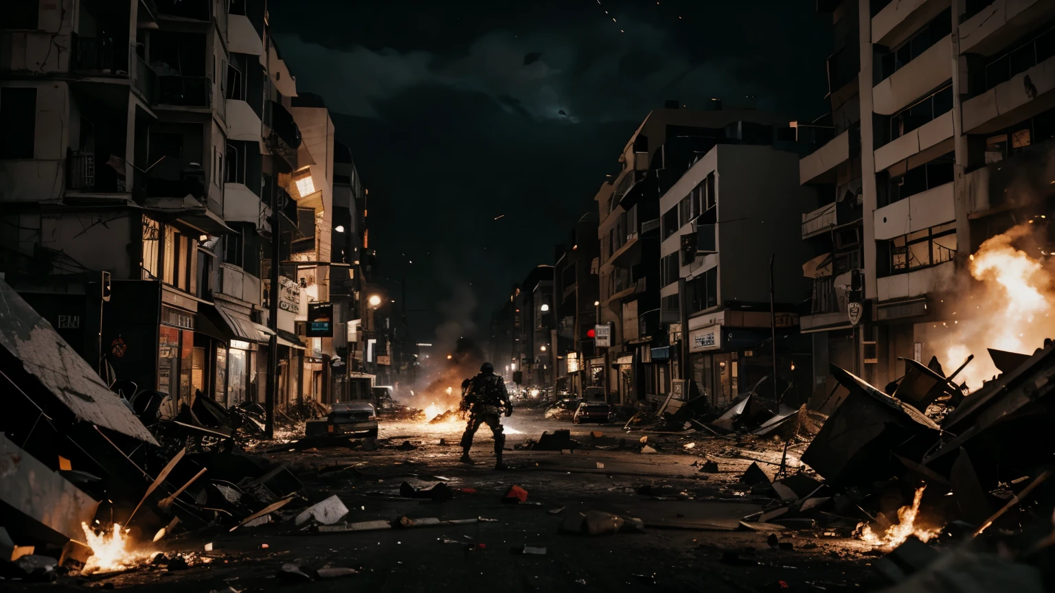 Generated war zone with chaos. Cinematic