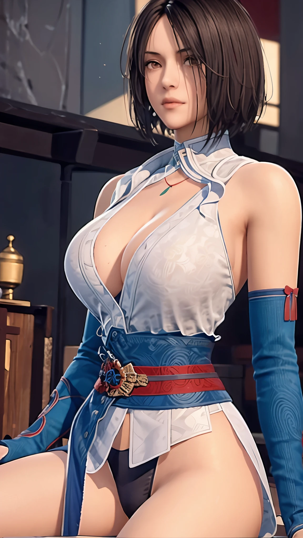 (((完美figure,figure,chinese clothes, (((short hair,brown eyes))),S型figure:1.7))),((masterpiece)),high resolution, ((Best quality at best)),masterpiece,quality,Best quality,((( Exquisite facial features,looking at the audience,There is light in the eyes,Happy,nterlacing of light and shadow,huge ))),(((looking into camera,sit astride,spread legs,from below,look up)))