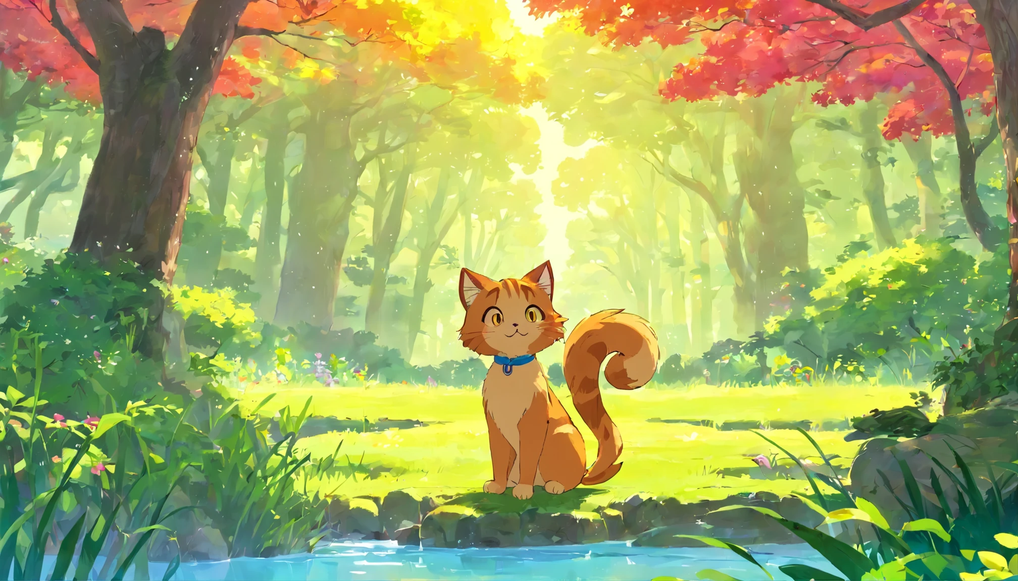 Gato de Cheshire, Metal Shocks, cabelo longo, cabelo medio, cabelo roxo, orelhas de animais, orelhas de gato originais, 1 garota, (Sozinho), cenary, cena, red trees, floresta, lago, outono,