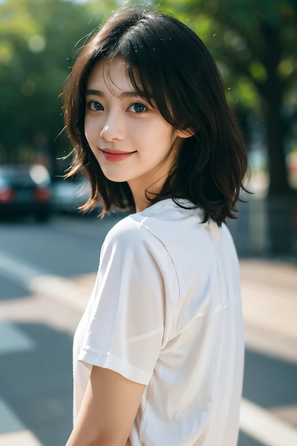 (best quality,4k,high resolution,masterpiece:1.4),super detailed,Very detailed,sharp focus,surreal:1.4,professional, human development report,ultra high definition,bright colors,Bokeh,beautiful and delicate eyes,beautiful and delicate lips,long eyelashes,romantic atmosphere,soft light,Light and shadow contrast, Lighting effects,Lively and youthful,high nose bridge,black hair,girl,smiling,charming，Tight T-shirt，street，亚洲girl
