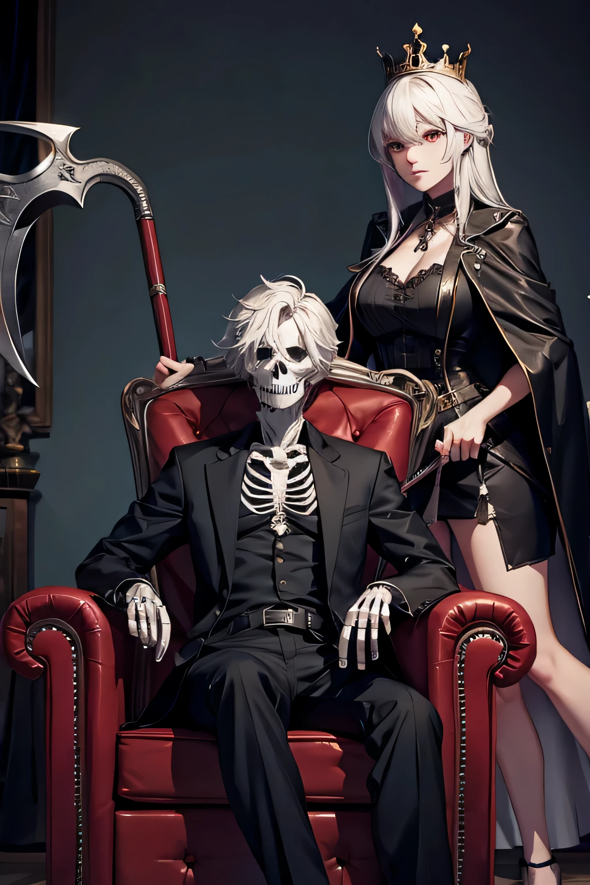 A skeleton king sitting on his throne, sa faux est sur le mur derrière lui, tandis qu&#39;a vampire girl is by his side, avoir l&#39;air chaud