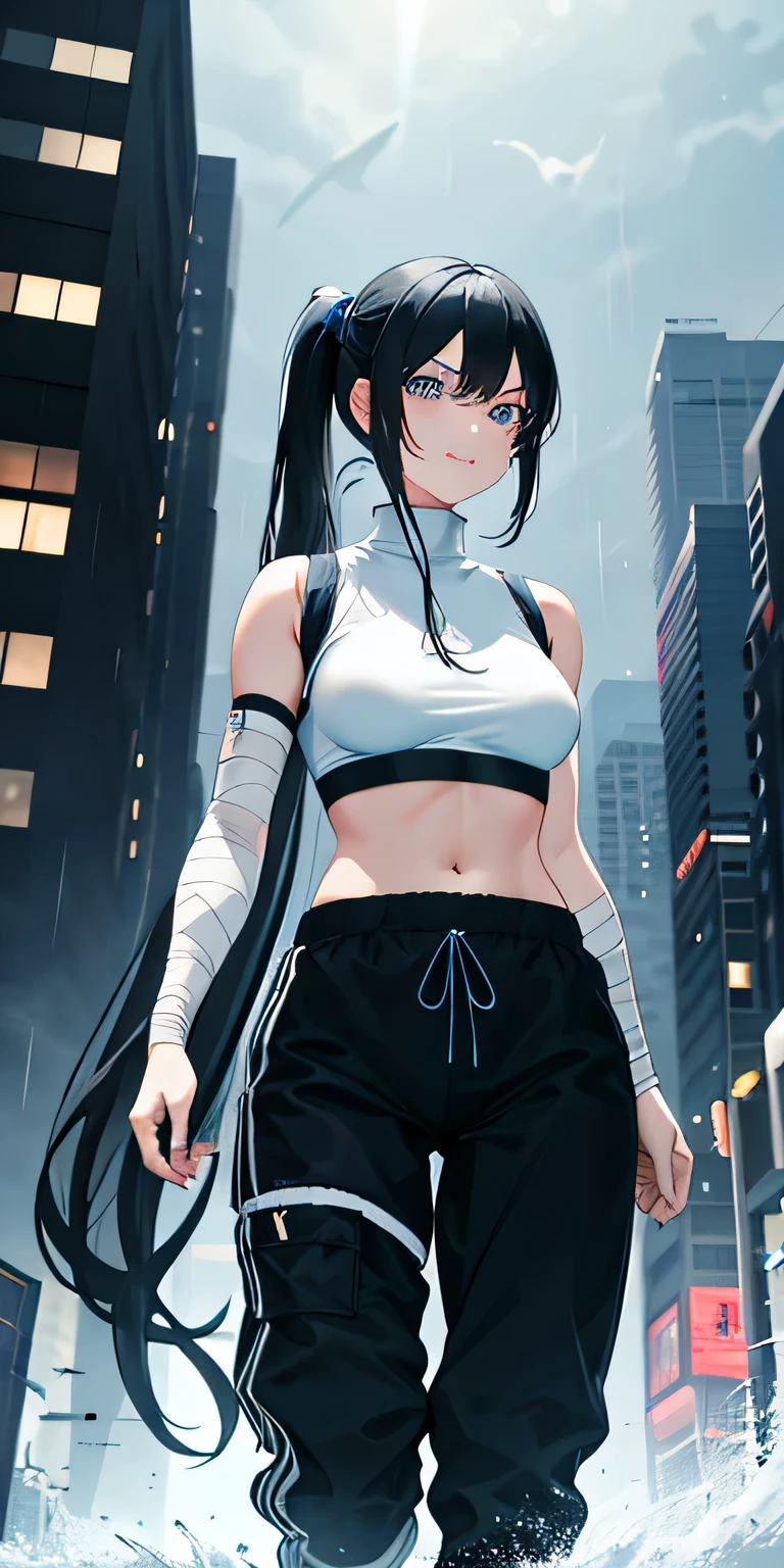 1girl, black hair, pony tail with light blue ribbon, light blue eyes, godzilla, single fang, rain, night, city street, bandages, tall, fit, grinning, black joggers, white bandages bra, fine details