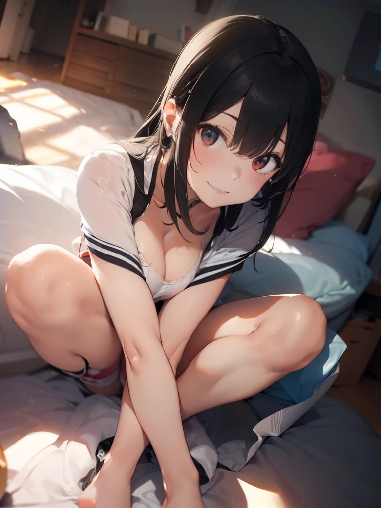 super high quality, ultra high resolution, hyper-detailed, high contrast, ultra fine strike, creative sophistication,black hair,living room,smile,cleavage