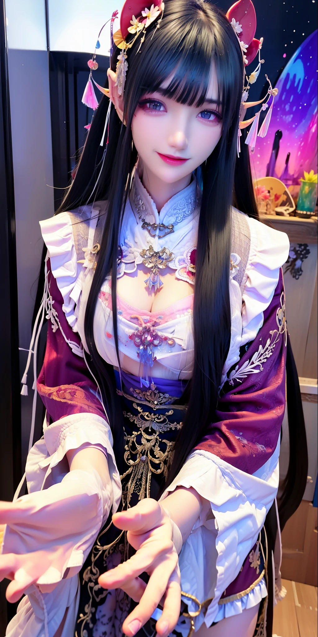 (8k, RAW photo:1.2), best quality, ultra high res,dramatic angle,(fluttered detailed color splashs), (illustration),(((1 girl))),(long hair),(rain:0.9), (headgear:1.4),There is an ancient palace next to the girl,Hanfu,(focus),color ink painting,(Splash color),Splash color,(((colorful))),(sketch:0.8) , Masterpiece, best quality, beautiful painted, highly detailed,(denoising:0.6),[splash ink],((ink refraction)), (beautiful detailed sky),moon,highly,detaild,(masterpiece, best quality, extremely detailed） CG unity 8k壁纸，masterpiece，best quality，Super detailed），（Lycoris），