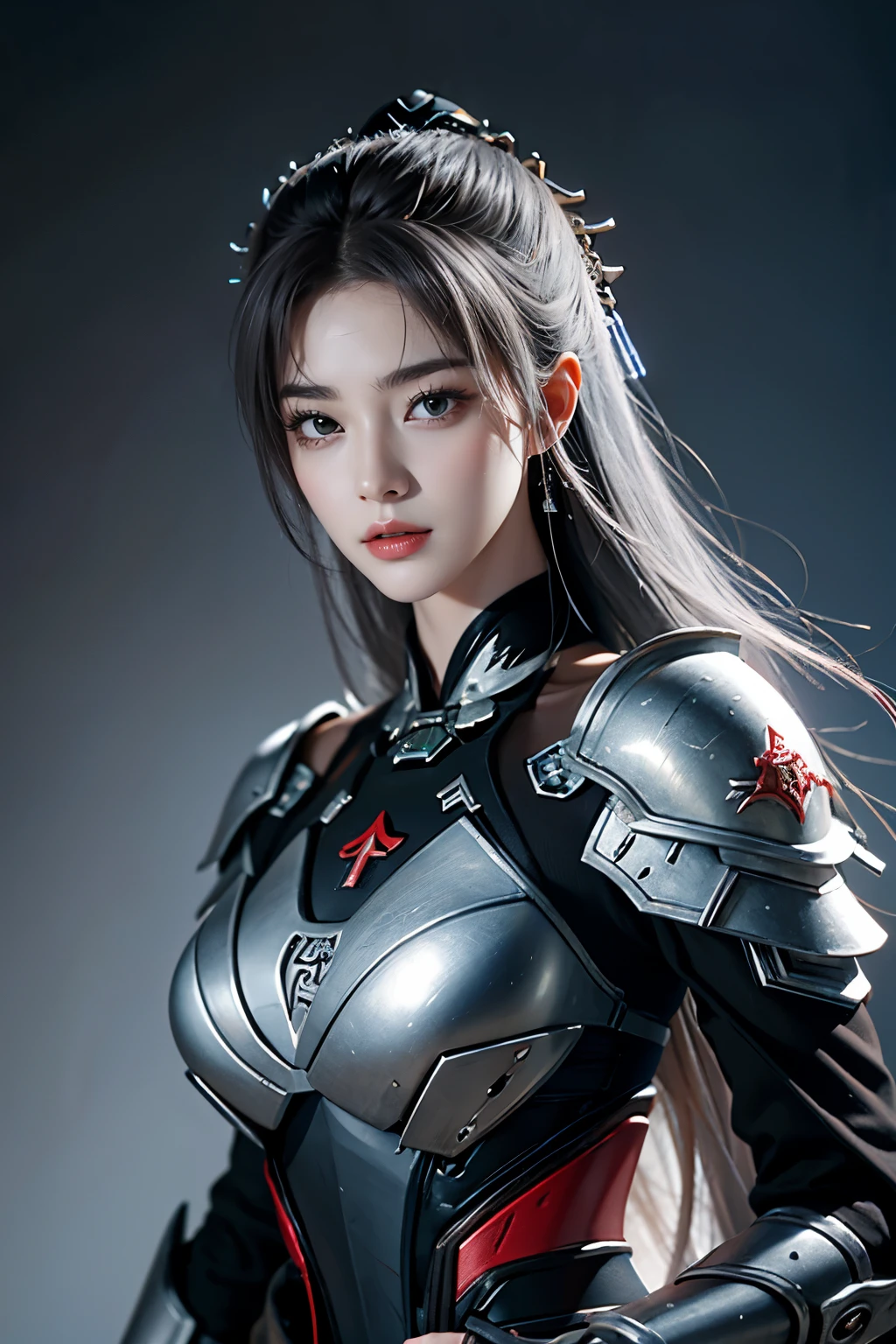 Masterpiece,Game art,The best picture quality,Highest resolution,8K,(Portrait),Unreal Engine 5 rendering works,(Digital Photography),((Portrait Feature:1.5)),
20 year old girl,Short hair details,With long bangs,(The red eye makeup is very meticulous),(With long gray hair:1.4),(Large, full breasts),Elegant and noble,Brave and charming,
(Future armor combined with the characteristics of ancient Chinese armor,Hollow design,Power Armor,The mysterious Eastern runes,A delicate dress pattern,A flash of magic),Warrior of the future,Cyberpunk figures,Background of war,
Movie lights,Ray tracing,Game CG,((3D Unreal Engine)),OC rendering reflection pattern