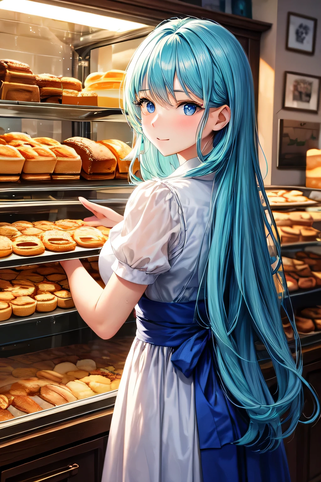 Once upon a time, in a quaint little town, there was a bakery known far and wide for its delectable treats. The heart and soul of this bakery was its owner, a young woman named Alice. Alice was not just a skilled baker; she was also known for her beauty, with long blue hair that cascaded down her back and piercing blue eyes that sparkled like sapphires.