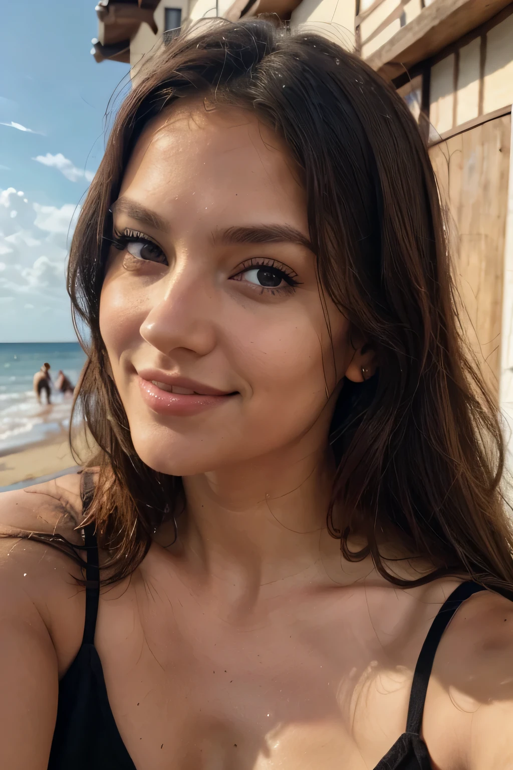 brunette, Latina, large , FOTOREALISTISCH, sexy girl with brown eyes, Akribisch detailliert, portrait, braune Haare und largee Augen, Selfie einer jungen Frau, outside, Natural makeup, direkt in die Kamera schauen, Gesicht mit Artgram, dezentes Make-up, wearing a short black dress, Hintergrund Meer und Strand, Smile