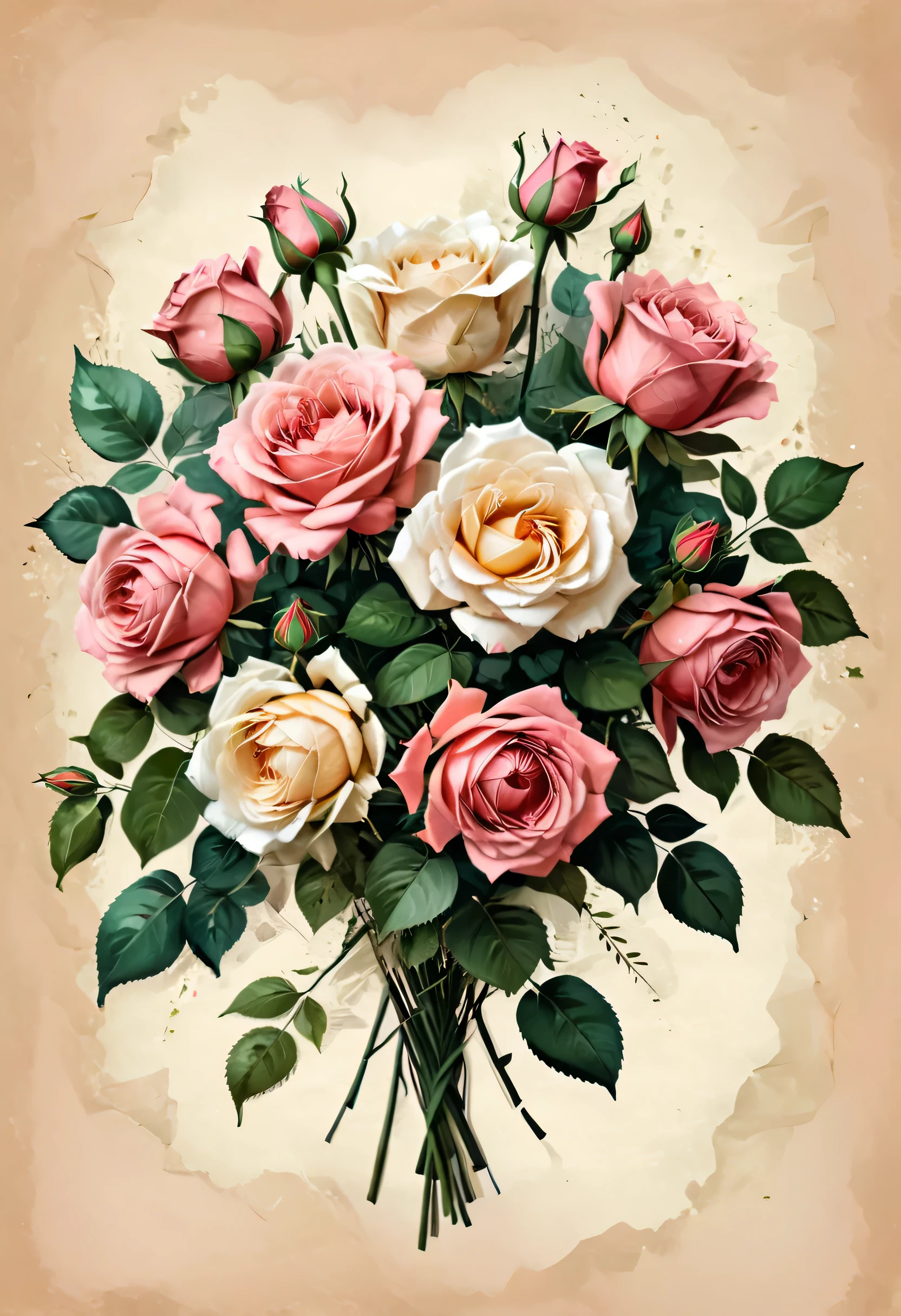 Hand drawn illustration style,Rose bouquet illustration,exquisite,mercy,abundant,Hand drawn illustration, Old paper background, Crumpled paper, rough paper texture