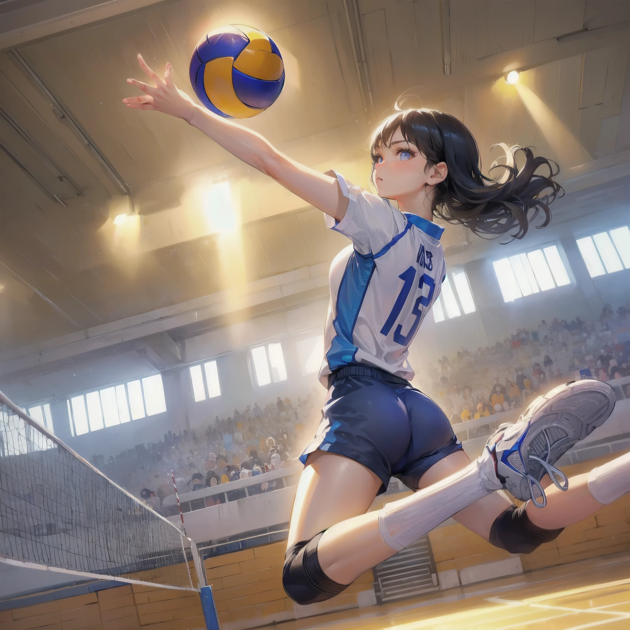high quality,HD,16k,sharp lines,1 girl,Female volleyball athlete ,cute face, large breasts, nice legs,At the volleyball venue,focus girl,detailed beautiful face,detailed clothes,beautiful eyes,cool,dynamic angle