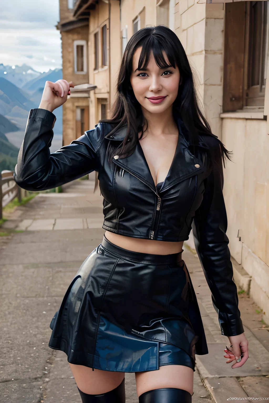 Sweaty sensual smiling with a woman betty page looking girl with and blue eyes and black leather coat soft black gloves and a skirt on the endge of a montain and the photo is taken from up front 