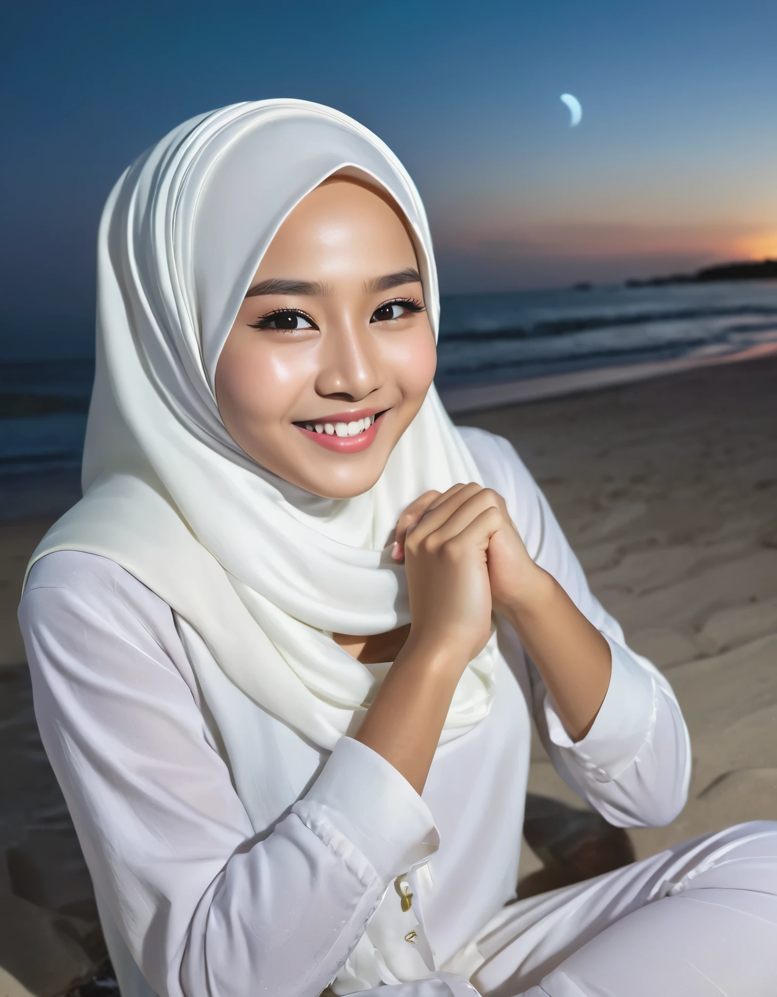 wide angle, top view, Indonesian girl, bright face, dimpled cheeks, sweet smile, wearing a white hijab, casual wear, sitting gracefully, dynamic pose, beachside, campfire, crescent moon, night, bright light, no shadows.