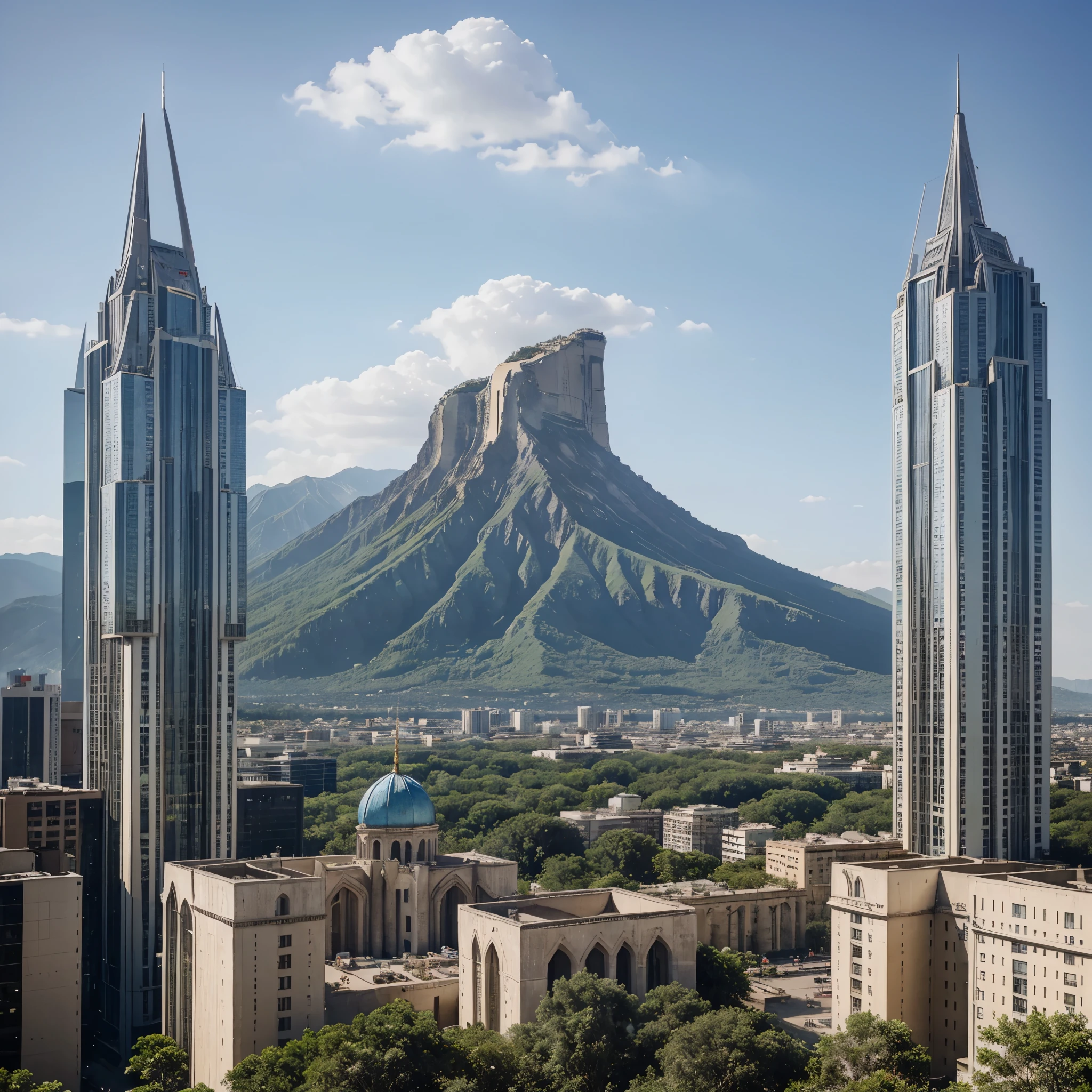 a large, very vertical city. Tall white towers hundreds of meters high rise up (there are four or five of them). The towers are regularly surrounded by vegetation, and where there is none, they are pierced by windows. These large buildings are all linked by platforms, which become bridges, parks, footbridges or streets. Higher up, to the right, there's a large mountain on which a great white palace with dark-blue roofs stands, its tallest tower a dome, and some of its other buildings sunk into the mountain rock.