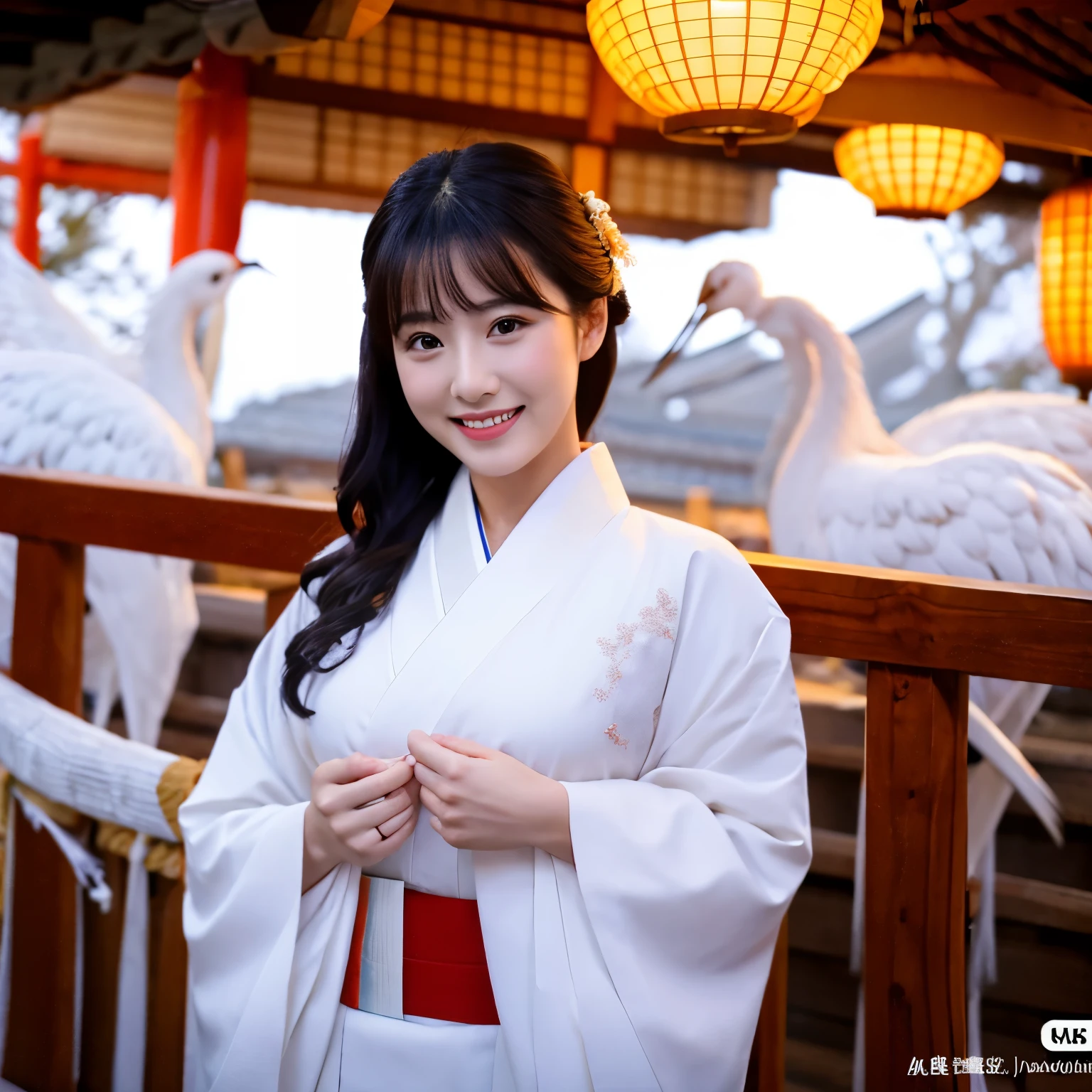 (8k、RAW photo、highest quality、masterpiece:1.2)、(realistic、Photoreal:1.35)、super detailed、超A high resolution、cinematic lighting、(((Beautiful woman in white kimono)))、(((36 year old girl in Japan)))、(lots of cranes:1.5)、cute smile、black hair、Fun and energetic atmosphere、dynamic angle、dynamic lighting、big chest、big breasts、