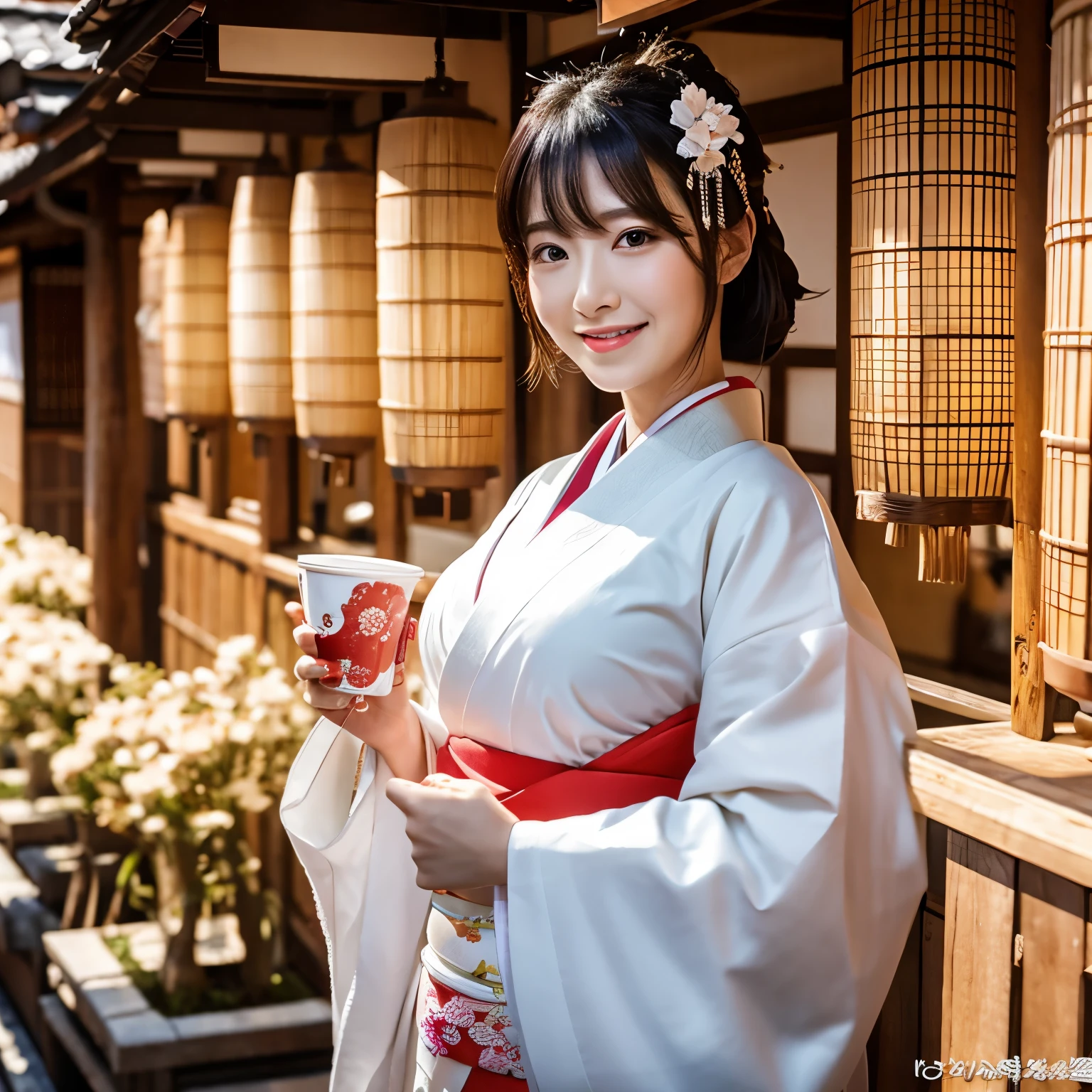 (8k、RAW photo、highest quality、masterpiece:1.2)、(realistic、Photoreal:1.35)、super detailed、超A high resolution、cinematic lighting、(((Beautiful woman in white kimono)))、(((36 year old girl in Japan)))、(lots of cranes:1.5)、cute smile、black hair、Fun and energetic atmosphere、dynamic angle、dynamic lighting、big chest、big breasts、