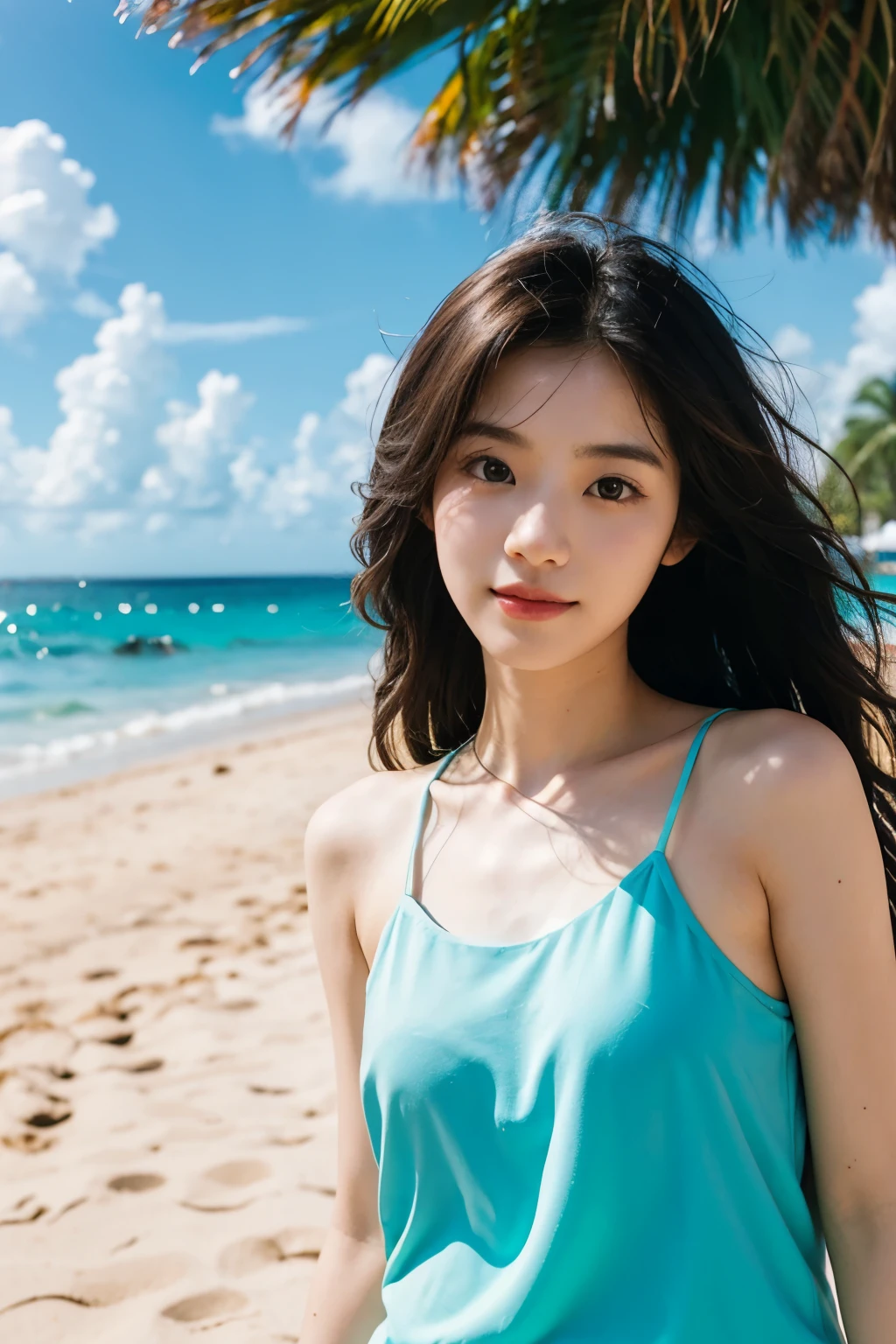 （photorealism：1.4）、（surreal：1.4）、（real scene：1.3）、 Beautiful korean girl on the beach, Japanese and Korean beauties have charming eyes、beautiful eyelashes，The face of the artwork，perfect face shape，charming figure，clear blue sky, golden sands, gentle waves, sun kissed skin, flowing wavy hair, fashion sunglasses, Vibrant beachwear, Peaceful and relaxing atmosphere, Refreshing sea breeze, tropical palm trees, Colorful beach umbrella,  soft sunshine, Pale white clouds, summer vibe, playful water splash, Beach Volleyball, Picnic by the sea, Shells and starfish, Soda turquoise water, sandy footprints, Golden sunset tones, Carefree moments of happiness, summer vacation, beach vacation, unforgettable memory