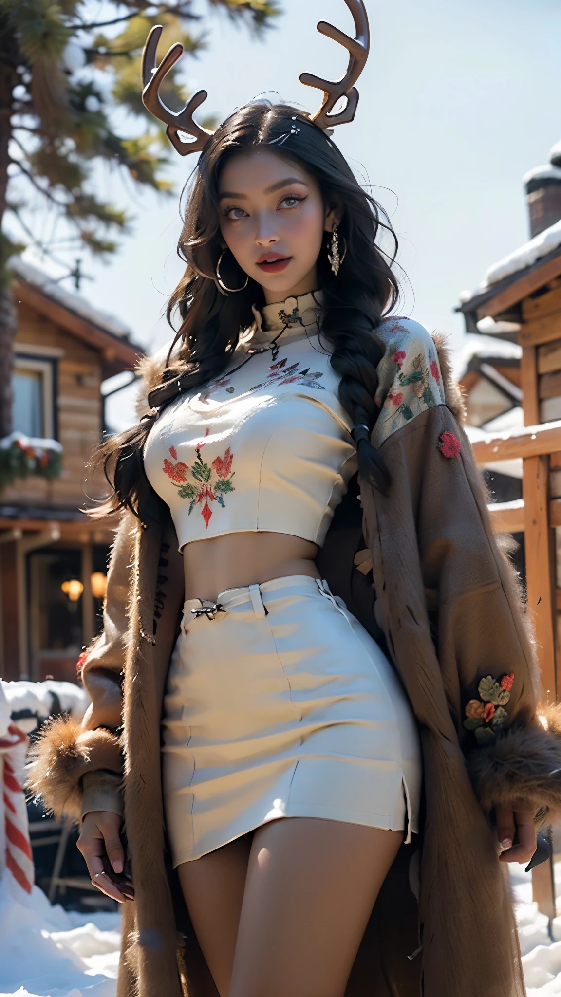 Cute Japanese elf woman,
(((flat chest))),((((black hair:1.35,twintails braids hair,colored inner hair,ear breathing)))),(((red_eyes:1.3))),intricate eyes,beautiful detailed eyes,symmetrical eyes,big eyes:1.5,(((lustrous skin:1.5,bright skin: 1.5,skin tanned,shiny skin,very shiny skin,shiny body,plastic glitter skin,exaggerated shiny skin,illuminated skin))),(detailed body,(detailed face)),
cute,slutty,erotic,daring,nsfw,
zettai ryouiki,revealing clothing,show skin,(((Sexy red fur coat, red fur coat outfit, wearing a red fur coat:1.3,red winter coat))), ((red mini-skirt,red mini skirt with furry edge,visible thong straps)),((underpants strap)),(white gloves,red clothes,semi-naked,with little red clothing,(((furry edge clothing)))),(((intricate outfit,intricate clothes,embroidered outfit,ornate outfit,embroidered clothes,ornate clothes))),
(dynamic pose:1.0),embarrassed,(centered,scale to fit dimensions,Rule of thirds),
((snowy pine forest)),winter,scenery:1.25,((intricate scenery)),((snow forest background)),
(Glossy winter ornaments),highres,sharp focus,(ultra detailed,extremely detailed),(photorealistic artwork:1.37),(extremely detailed CG unity 8k wallpaper),(((vibrant colors,vibrant theme))),(intricate),(masterpiece),(best quality),artistic photography,(photography taken by sldr),(intricate background),perfect rendered face,perfect face details,realistic face,photo realistic,analog style,((intricate detail)),(((realism))),