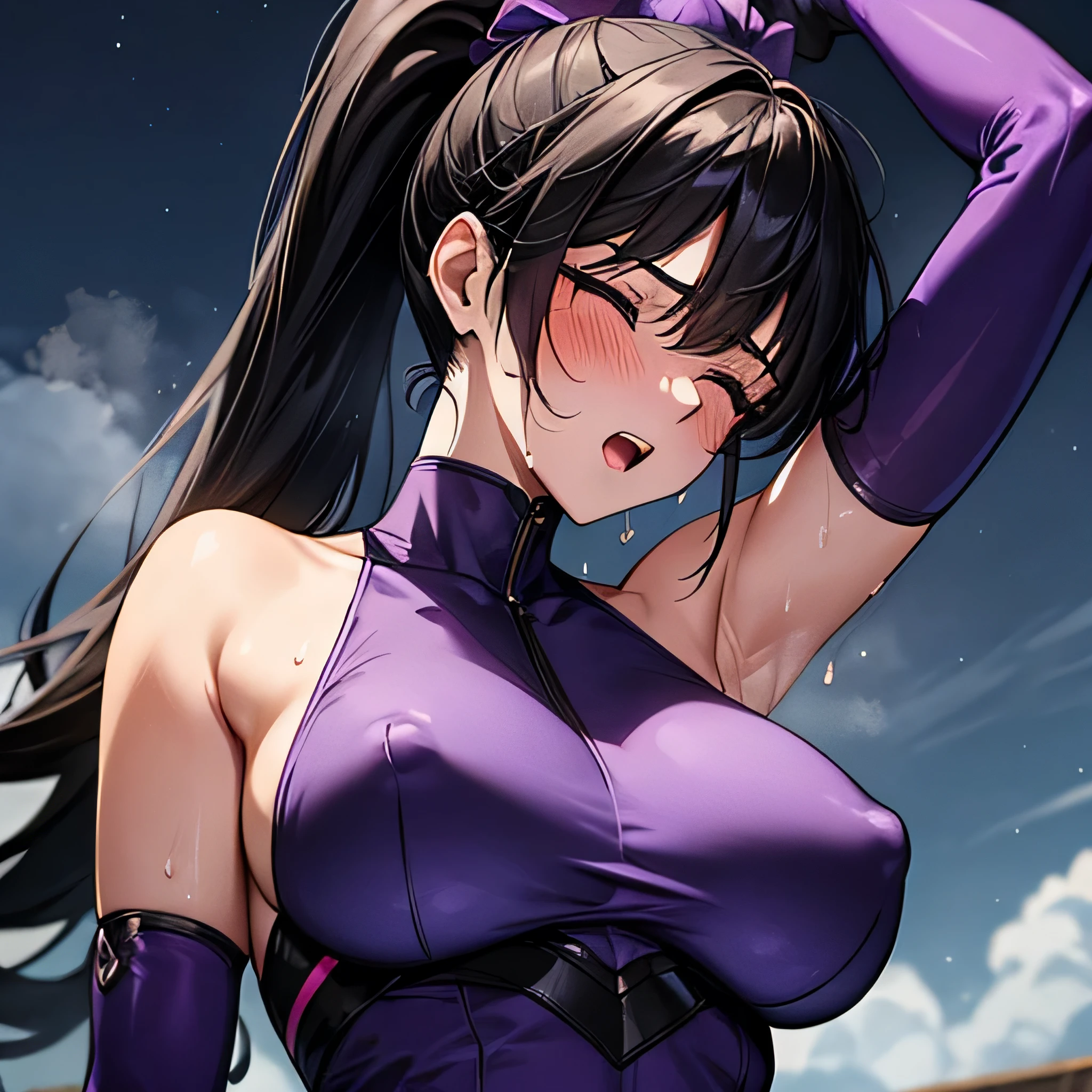 ((masterpiece)), ((highest quality)), ((super detailed)), 1 girl, ponytail, black hair, long hair, night sky, purple leotard, elbow bag, purple gloves, ninja mask, purple knee high boots, big breasts, covered erect nipples, look down, bare shoulders, Perfect for your skin, outdoors, blush all over the face, focus on the side, Upper body, Raise the hand, vapor, Sweat, vaporing body, I felt stressed, close your eyes, open your mouth,