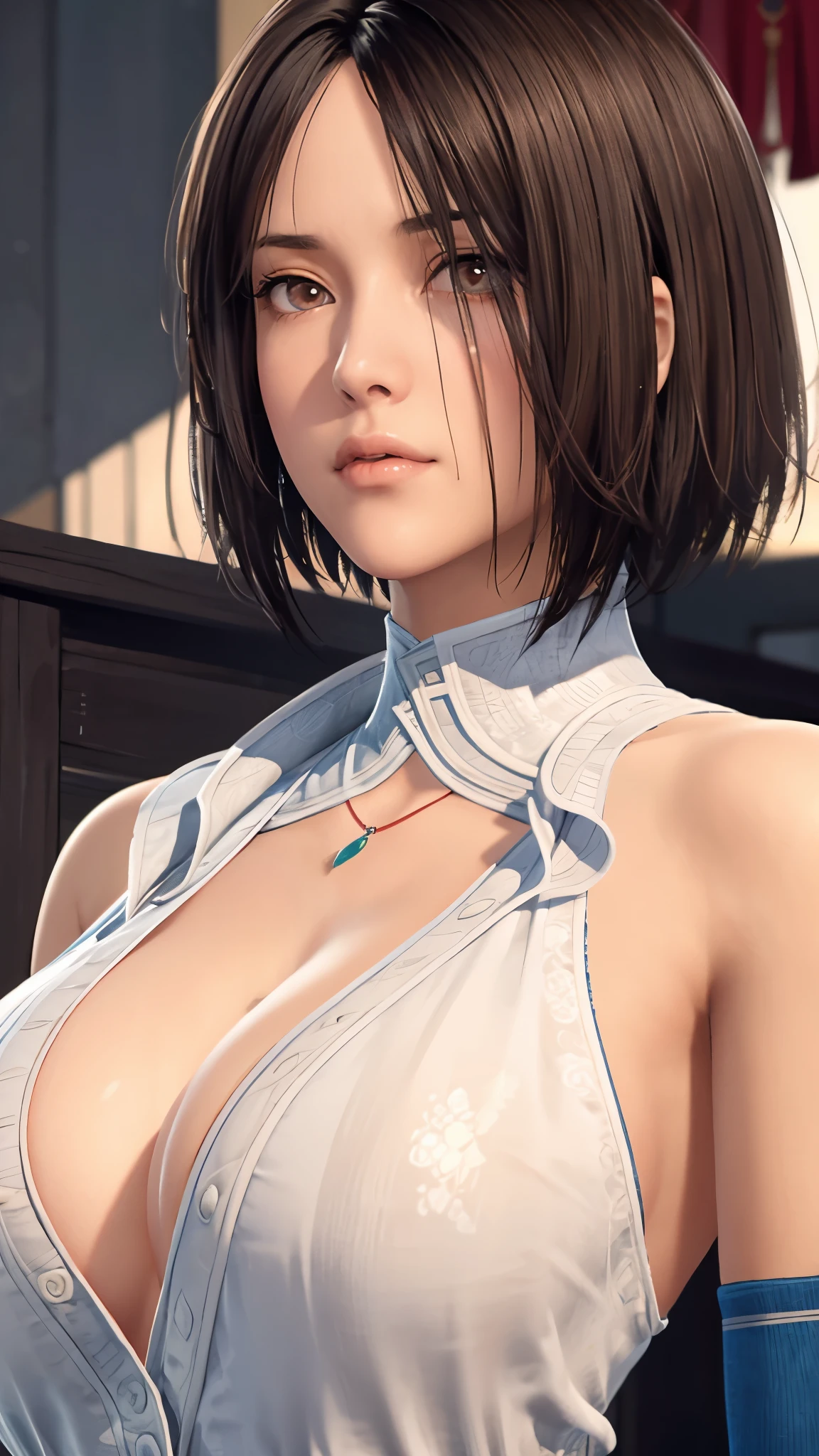 (((完美figure,figure,chinese clothes, (((short hair,Brown pupils))),S型figure:1.7))),((masterpiece)),high resolution, ((Best quality at best)),masterpiece,quality,Best quality,((( Exquisite facial features,looking at the audience,There is light in the eyes,Happy,nterlacing of light and shadow,huge ))),(((looking into camera,sit astride,spread legs,from below,look up)))