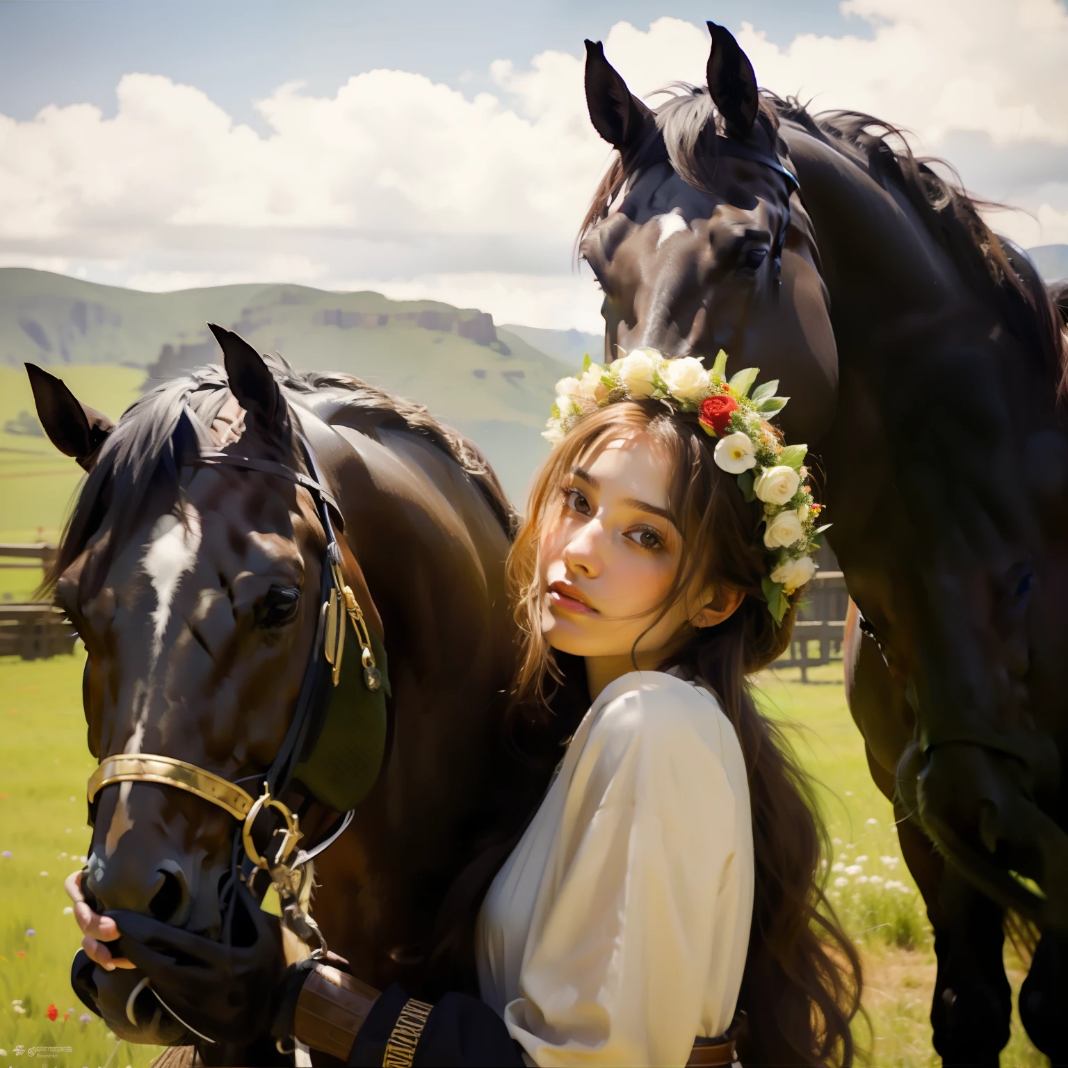 Next to the horse stands a woman with a flower crown on her head, BoJack Rider in real life, hrushevka on background, based on Arthur Hughes, In the style of Hans Thom, Horse in the background, horse-driven, inspired by William-Adolphe Bouguereau, based on Joachim Patinir, on horses