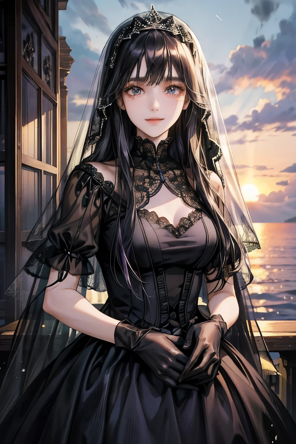 Ocean、droopy eyes、brown eyelids on face、smile、 female、Woman in black dress、((long hair girl))、woman with bangs、detailed face、((best image quality))、mole、gloves、lace purple dress、veil、Ocean辺、Black and purple clothes、1 woman