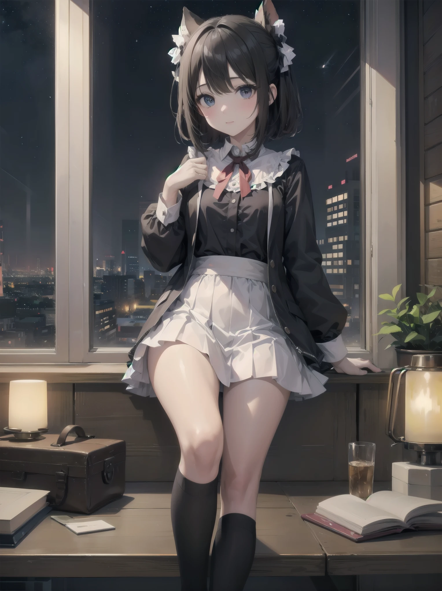 Artistic AI Art Galaxy(masterpiece:1.2, best quality),clear。lift up the skirt、cute girl、The night view of the big city outside the window、artistic shadow、I can't believe it but it's so ridiculously cute