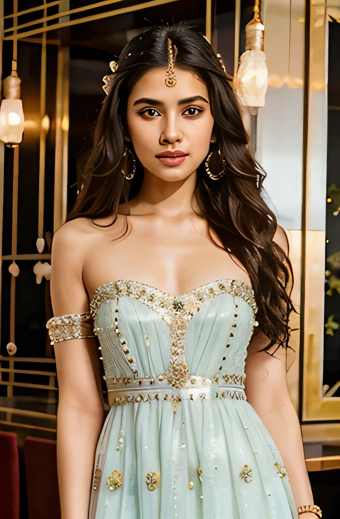 Imagine an AI influencer with a modern twist on classic Indian beauty, featuring long, flowing hair embellished with jasmine flowers, and eyes that sparkle like the stars, dressed in a chic and stylish cocktail dress with subtle Indian-inspired embellishments or accessories.